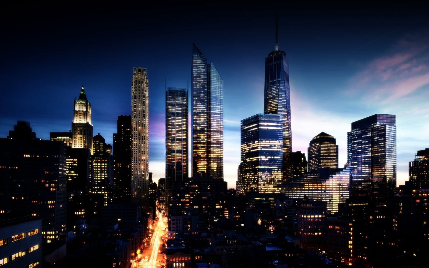 skyscraper, finance, illuminated, landscape, new York State, travel, lights, river, architecture, spire, outdoors, empire State Building, city, architecture And Buildings, HD Wallpaper