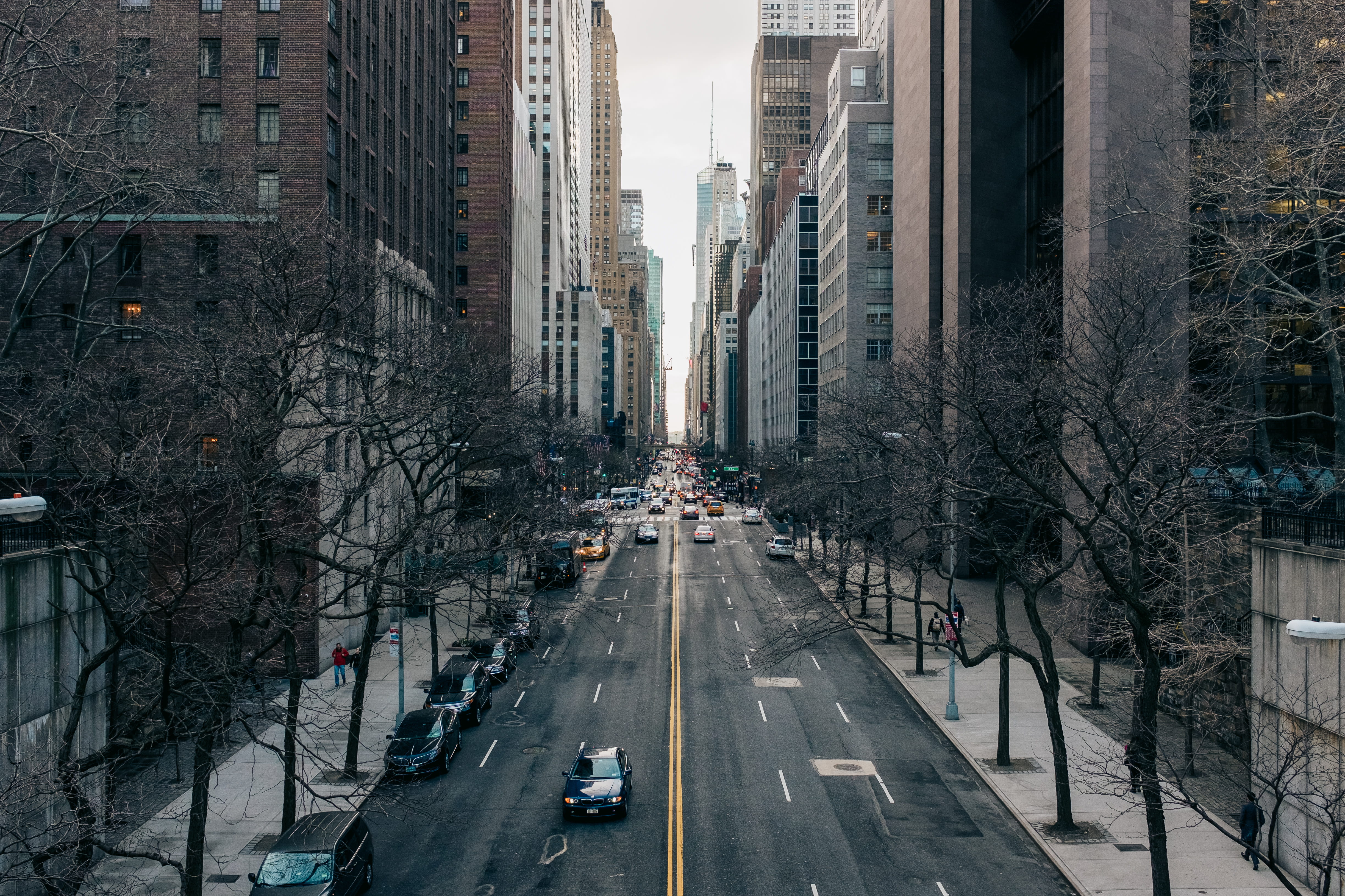 deep, city, canyon, nyc, office building exterior, road, manhattan, incidental people, architecture, street, the way forward, tree, new york, building exterior, HD Wallpaper