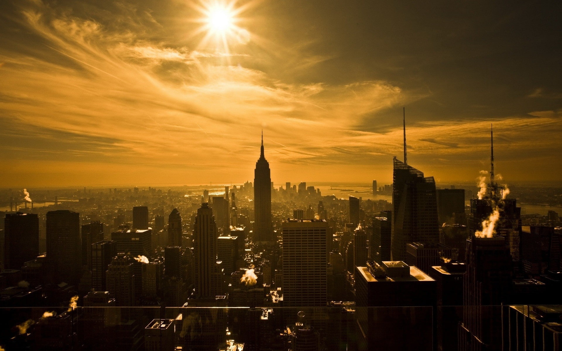 urban, silhouette, photography, 1080P, cityscape, city, skyscraper, New York City, building, Empire State Building, sunlight, HD Wallpaper