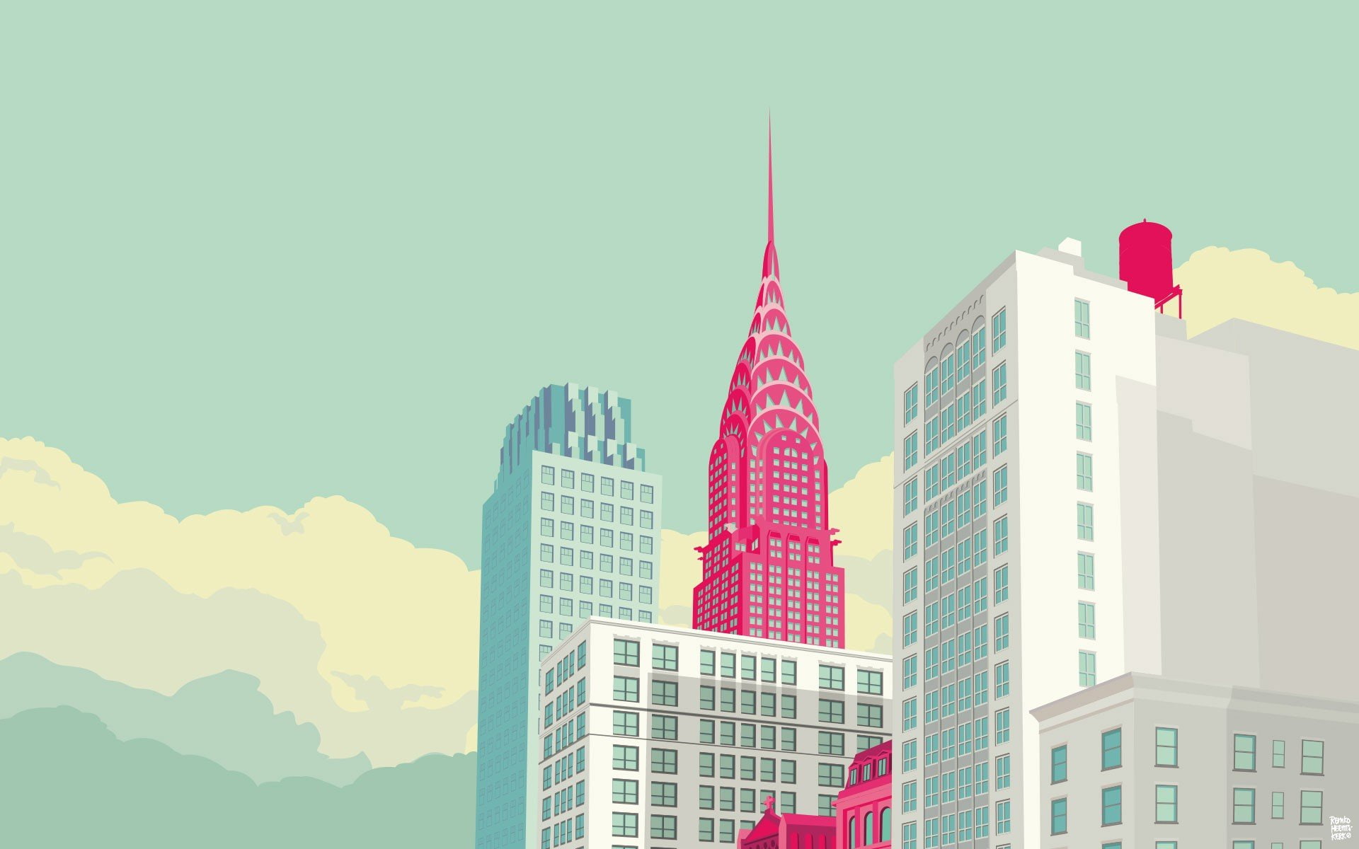 Remko Heemskerk, Empire State Building, window, clouds, building, 1080P, illustration, digital art, Manhattan, New York City, HD Wallpaper