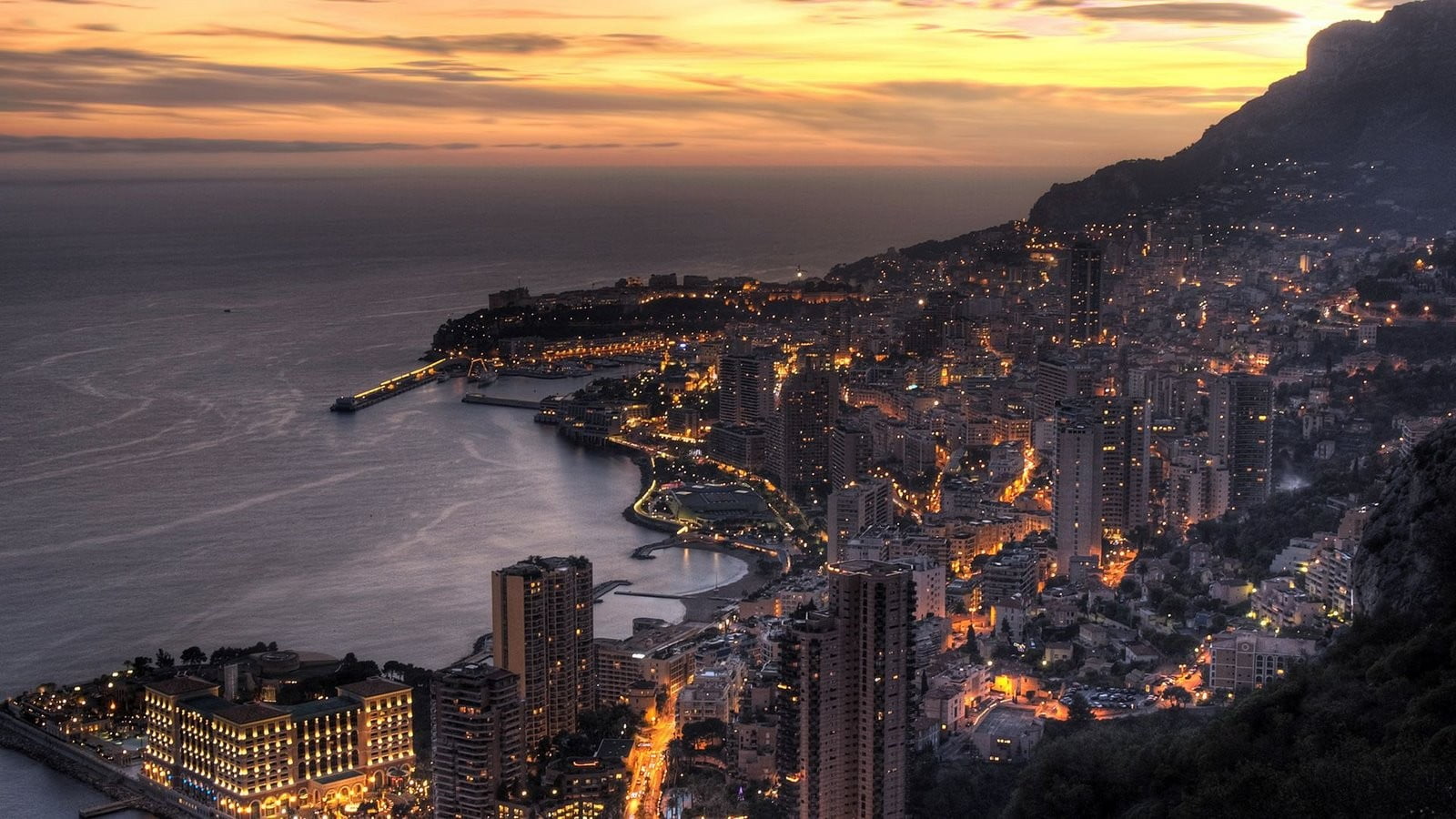 720P, architecture, cityscape, building, sea, high angle view, outdoors, built structure, horizon over water, sky, travel destinations, sunset, Monaco, HD Wallpaper