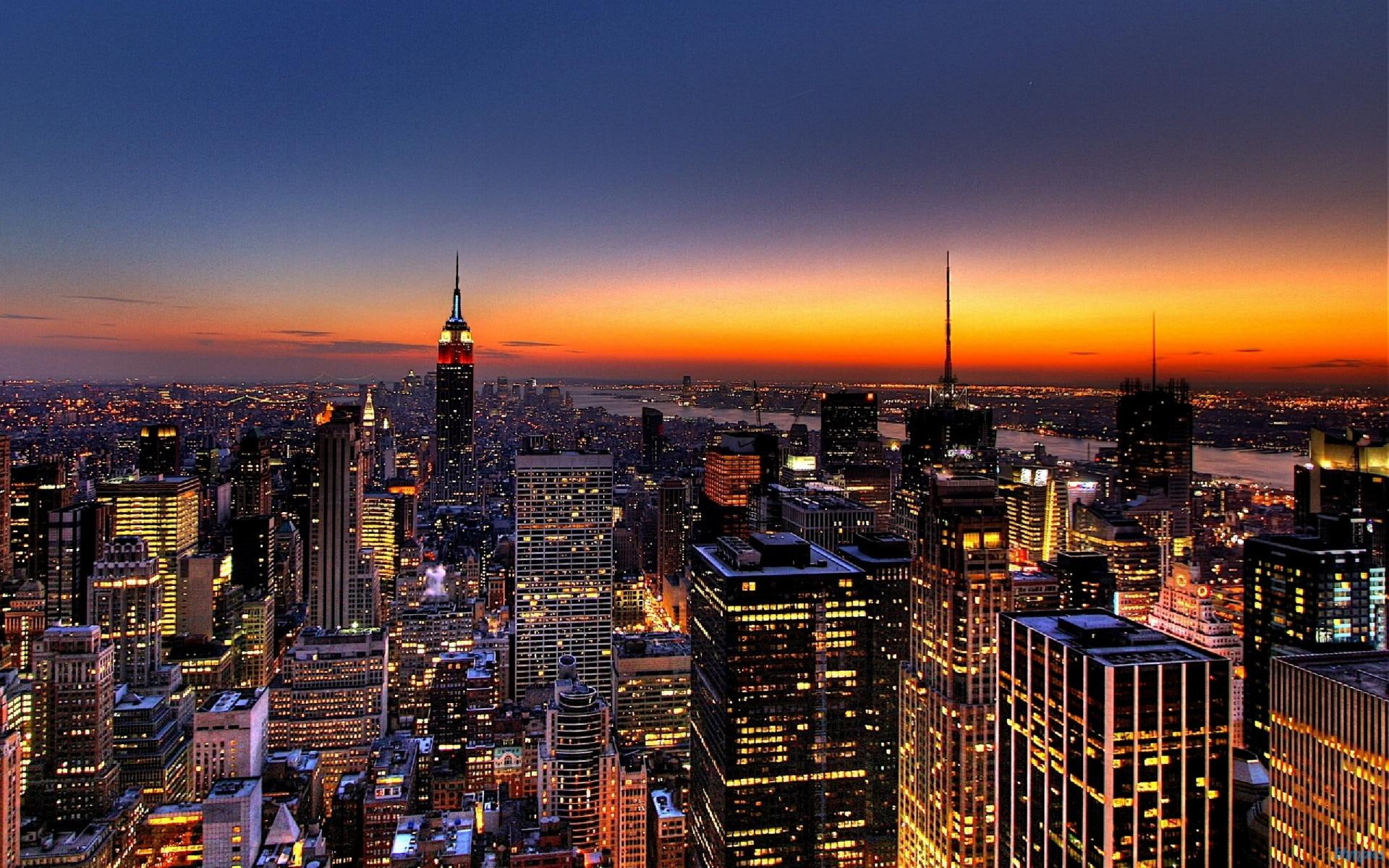cityscapes, nature, sunsets, 1080P, empire, city, nature and landscapes, state, new, york, orange, sunset, building, orange sky, new york, HD Wallpaper