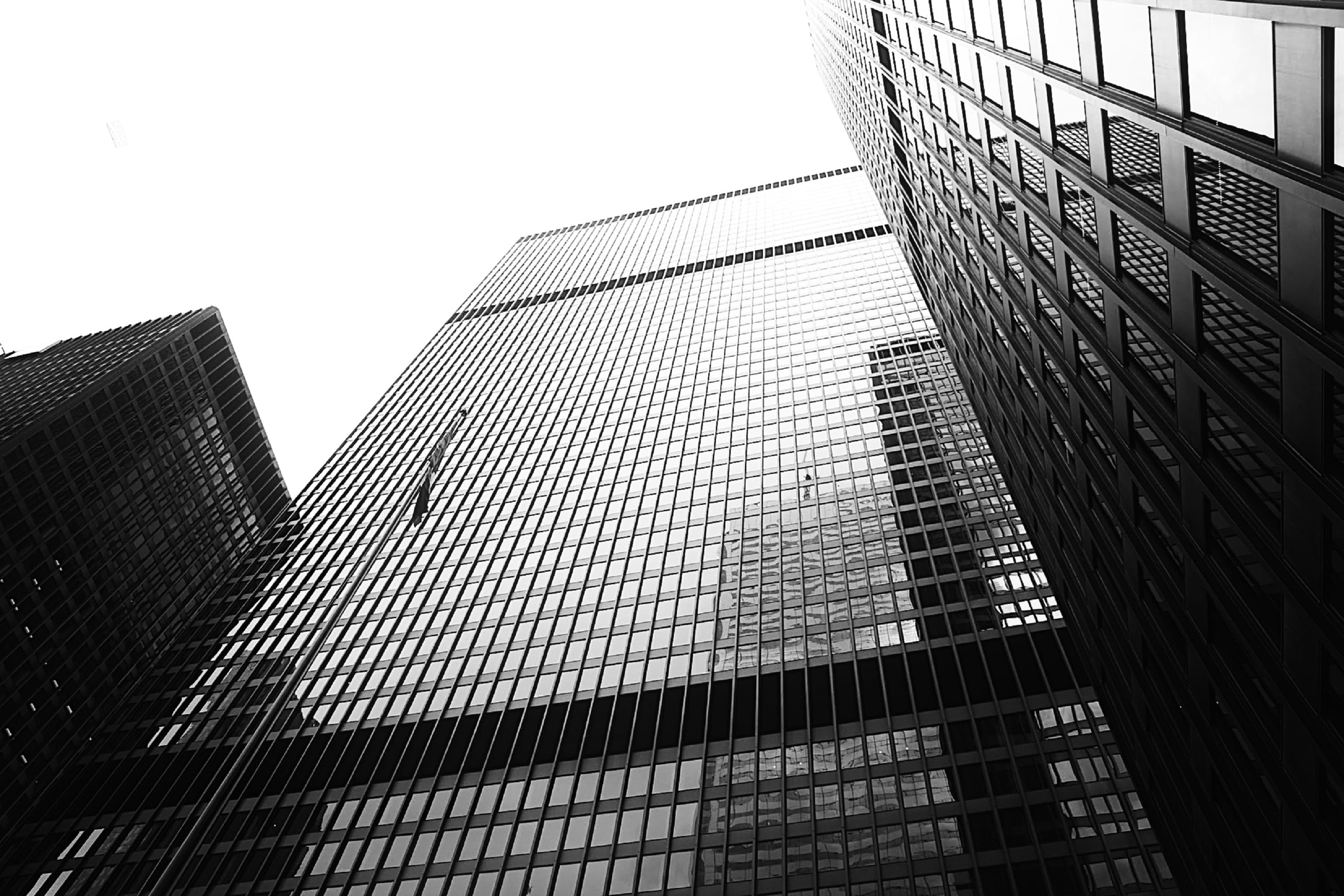 no people, directly below, modern, 2K, window, glass, skyscraper, sky, angle, office, office building exterior, tower, canada, city, built structure, day, HD Wallpaper