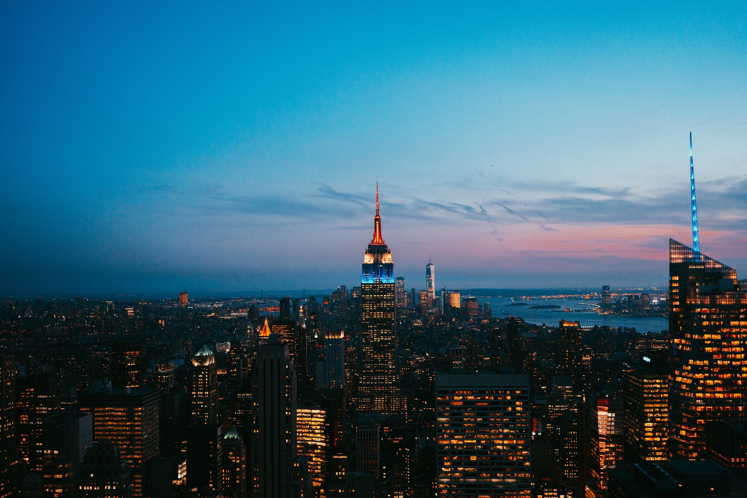 city lights, Empire State Building, building, urban, USA, cityscape, Manhattan, New York City, city, outdoors, sky, 2K, HD Wallpaper