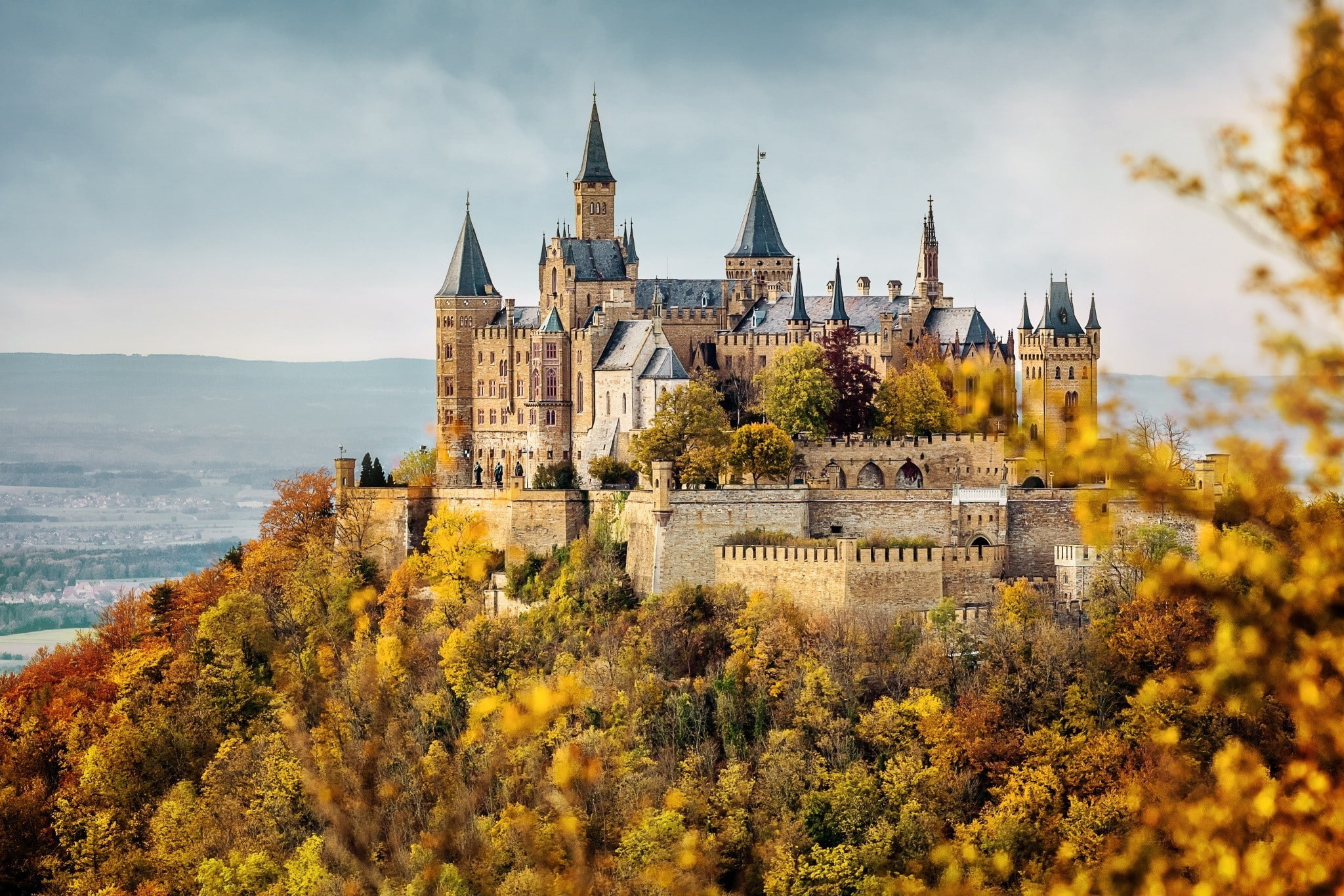 castle, clouds, walls, building, 1080P, forest, tower, leaves, Trees, Burg Hohenzollern, Fall, Germany, landscape, Hill, architecture, nature, HD Wallpaper