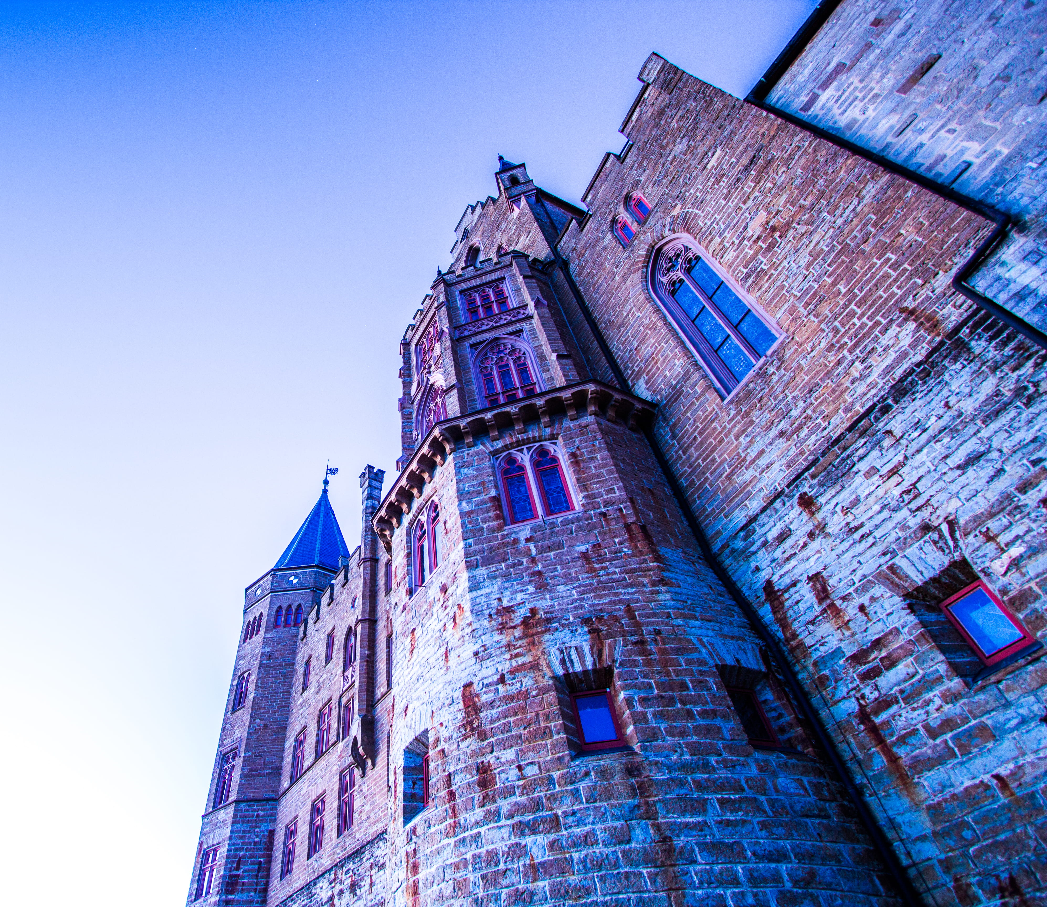 building, built structure, building exterior, burg hohenzollern, 4K, old, the past, light, no people, clock, purple, castle, sky, window, outdoors, germany, HD Wallpaper