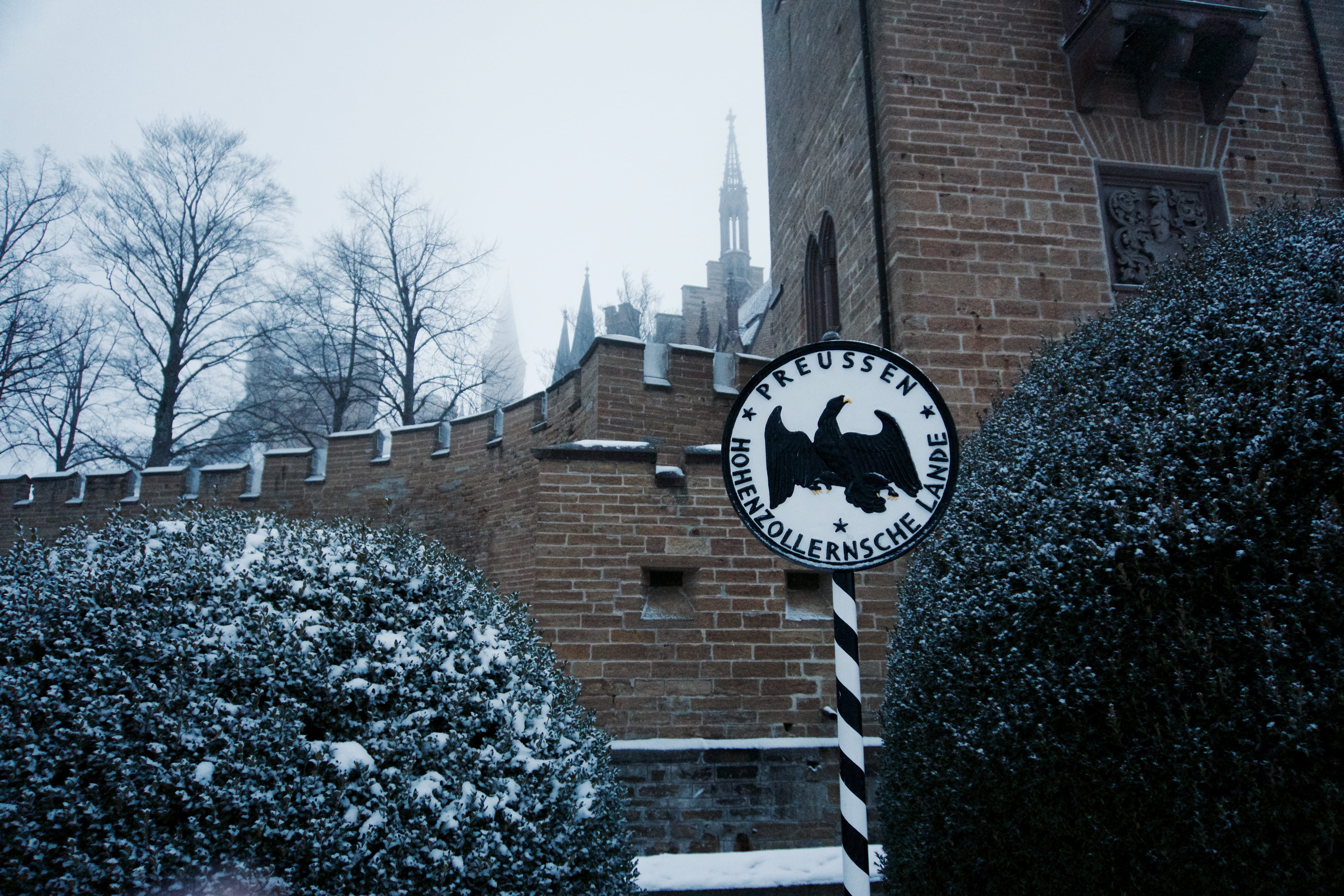 snowing, low angle view, snow, clock, plant, clear sky, no people, tree, building exterior, nature, germany, 5K, bare tree, burg hohenzollern, hohenzollern castle, HD Wallpaper