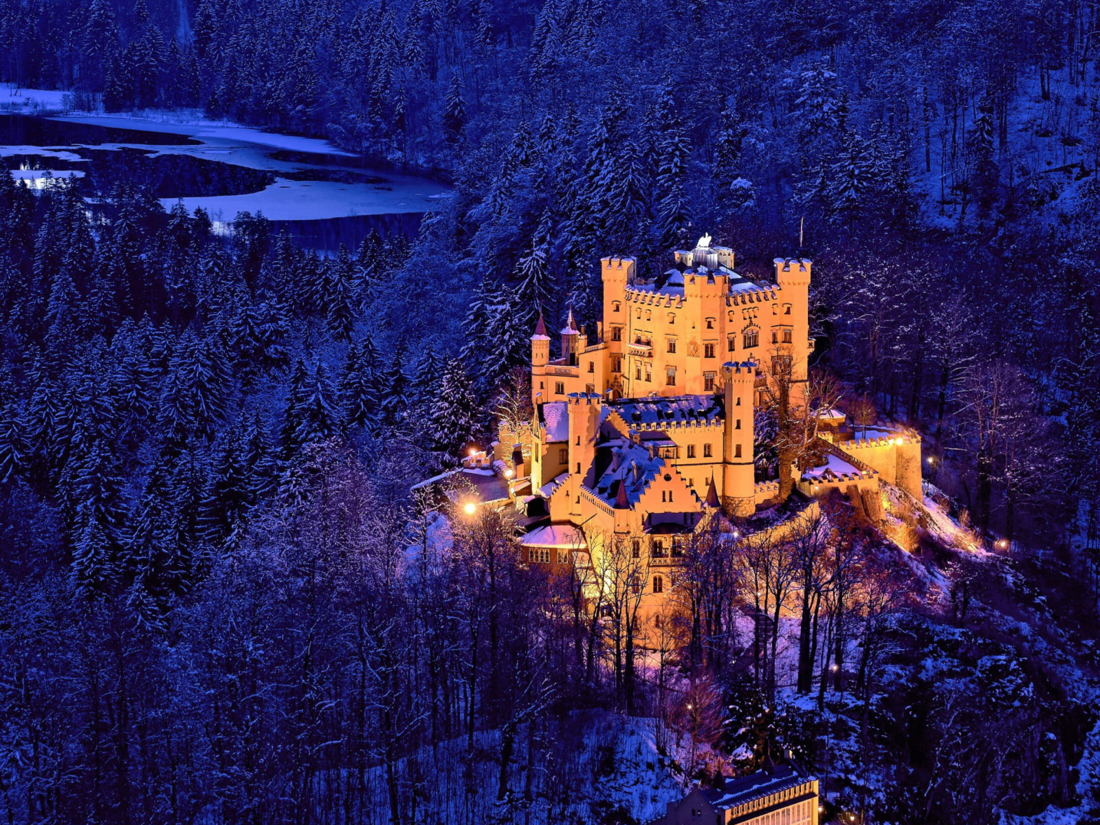 architecture, world, germany, attractions, 720P, forest, hohenschwangau, night, castle, winter, HD Wallpaper