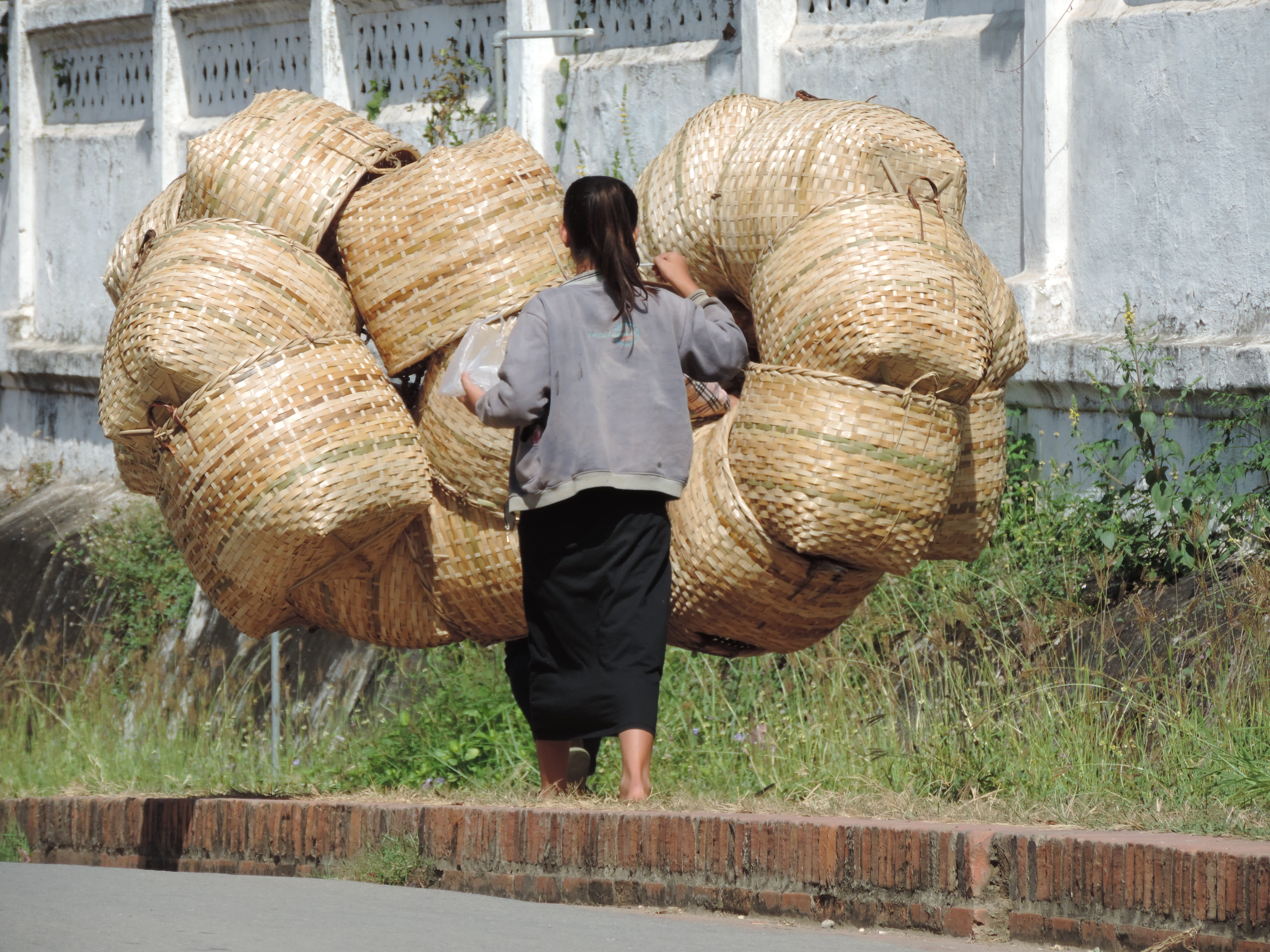 adult, wicker, container, built structure, asia, one person, laos, outdoors, men, occupation, rear view, real people, lifestyles, basket, nature, baskets, HD Wallpaper