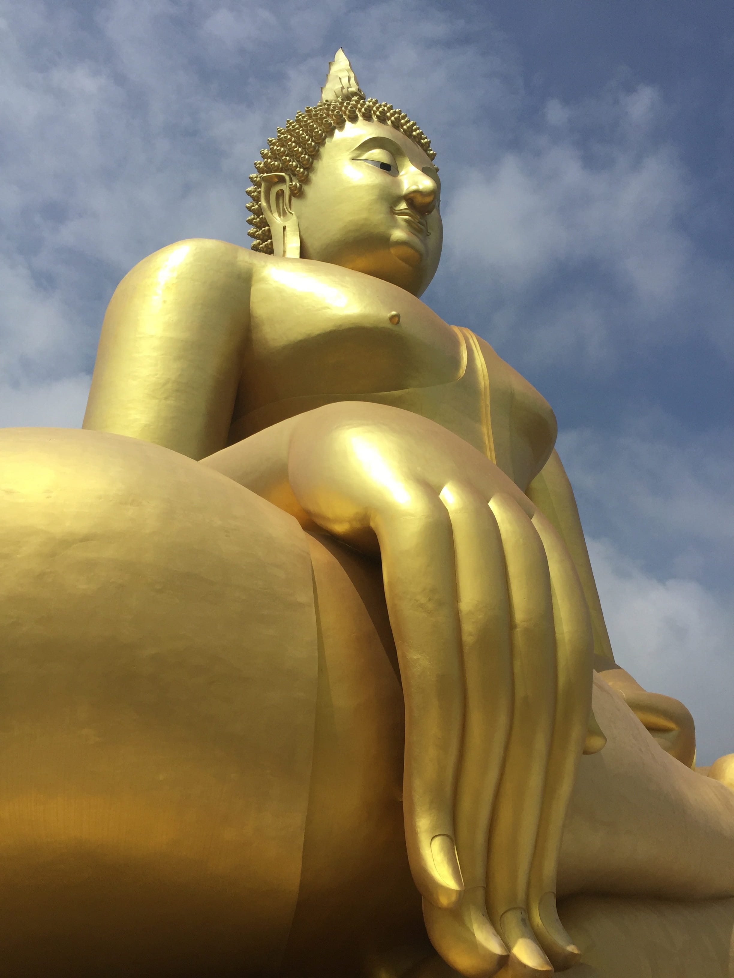 buddha statue, statue, image, gold colored, large, sakon nakhon, a pilgrimage, uthai thani, buddhism, thailand, low angle view, faith, 2K, place of worship, Phone HD Wallpaper
