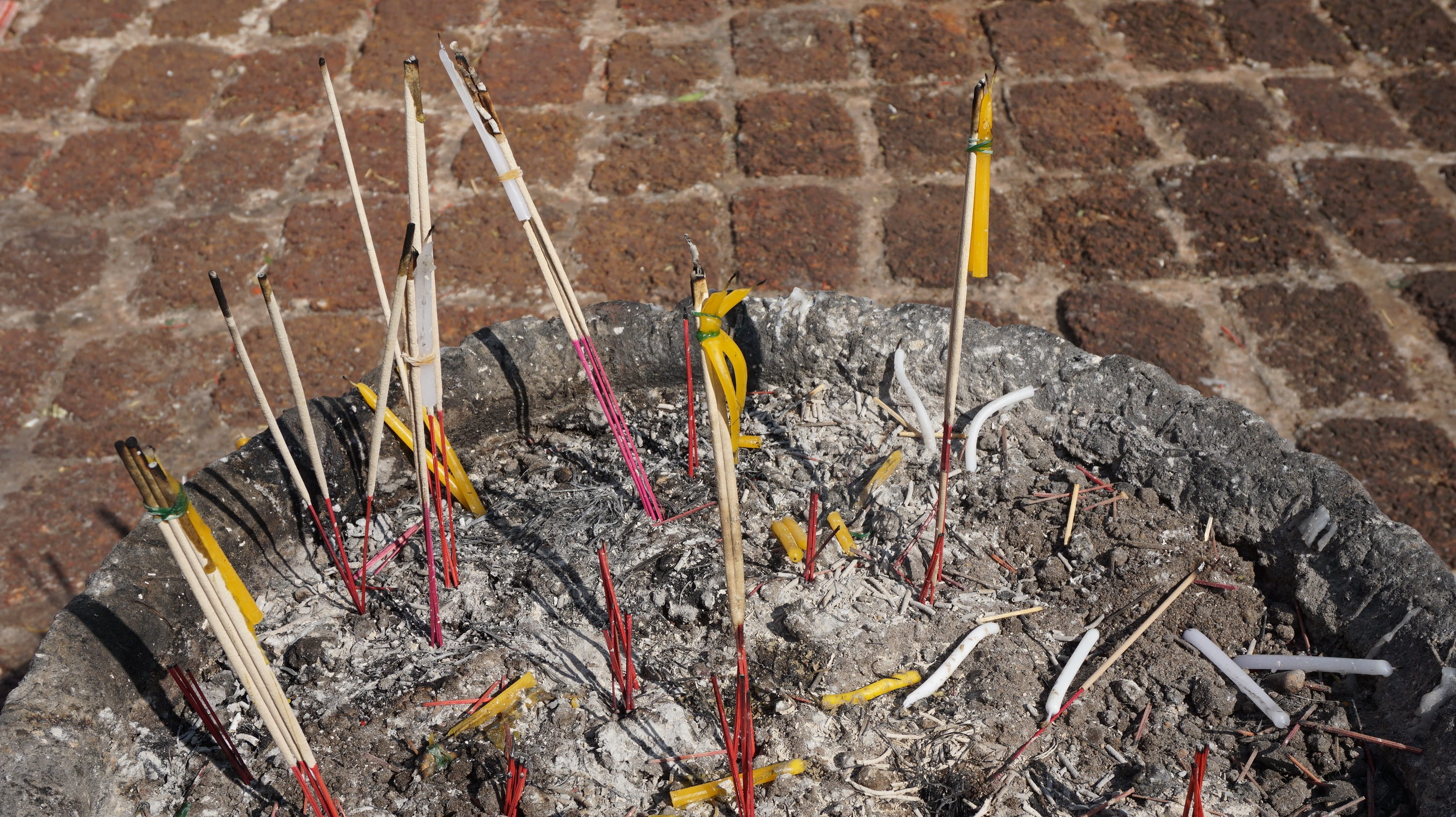 holy thing, high angle view, close-up, burnt, incense, religion, built structure, measure, flame, what respect, faith, burns, outdoors, brick, day, dirt, HD Wallpaper