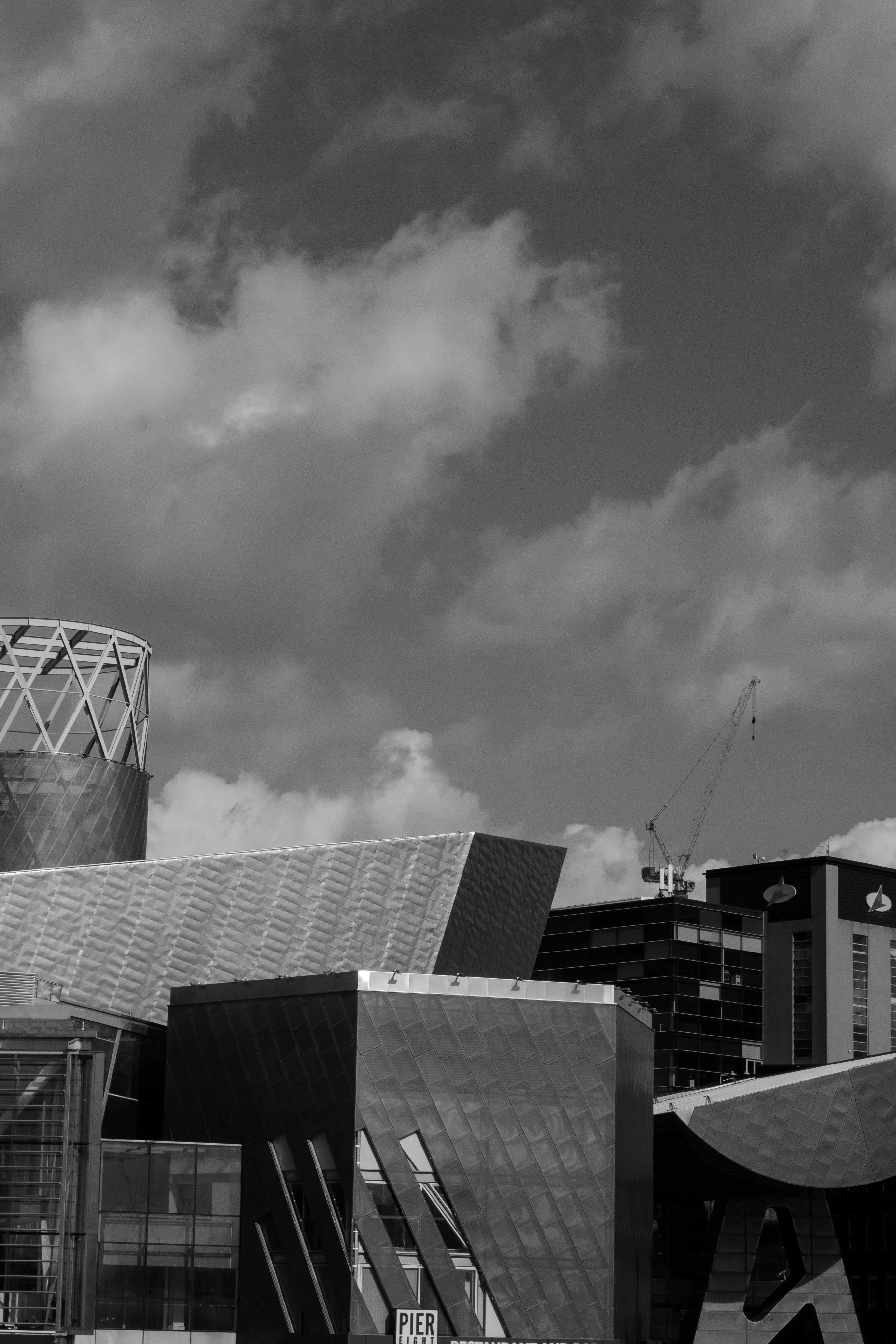 office, sky, black and white, city, building exterior, built structure, the quays, building, salford quays, sunlight, no people, architechture, outdoors, Phone HD Wallpaper