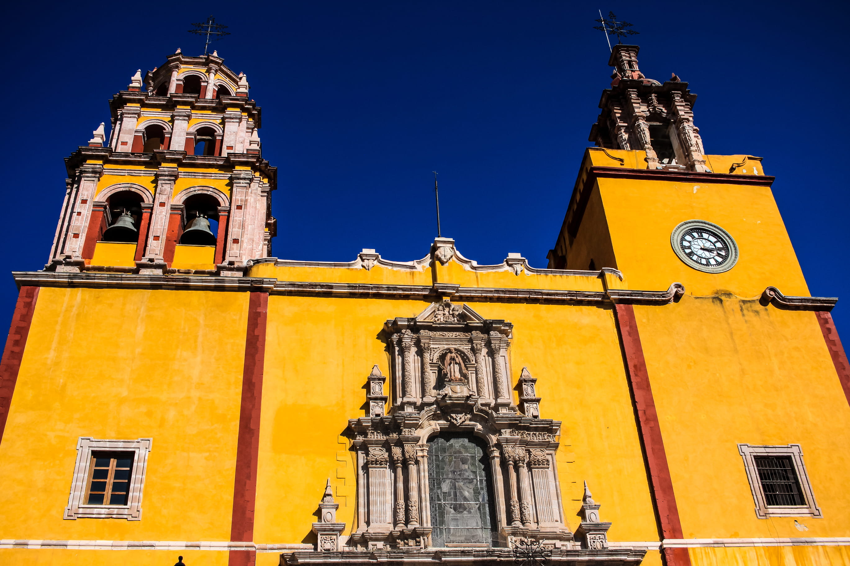 low angle view, structure, spirituality, tower, clock, architecture, guanajuato, blue, day, the past, nature, clear sky, 2K, history, sky, travel destinations, HD Wallpaper