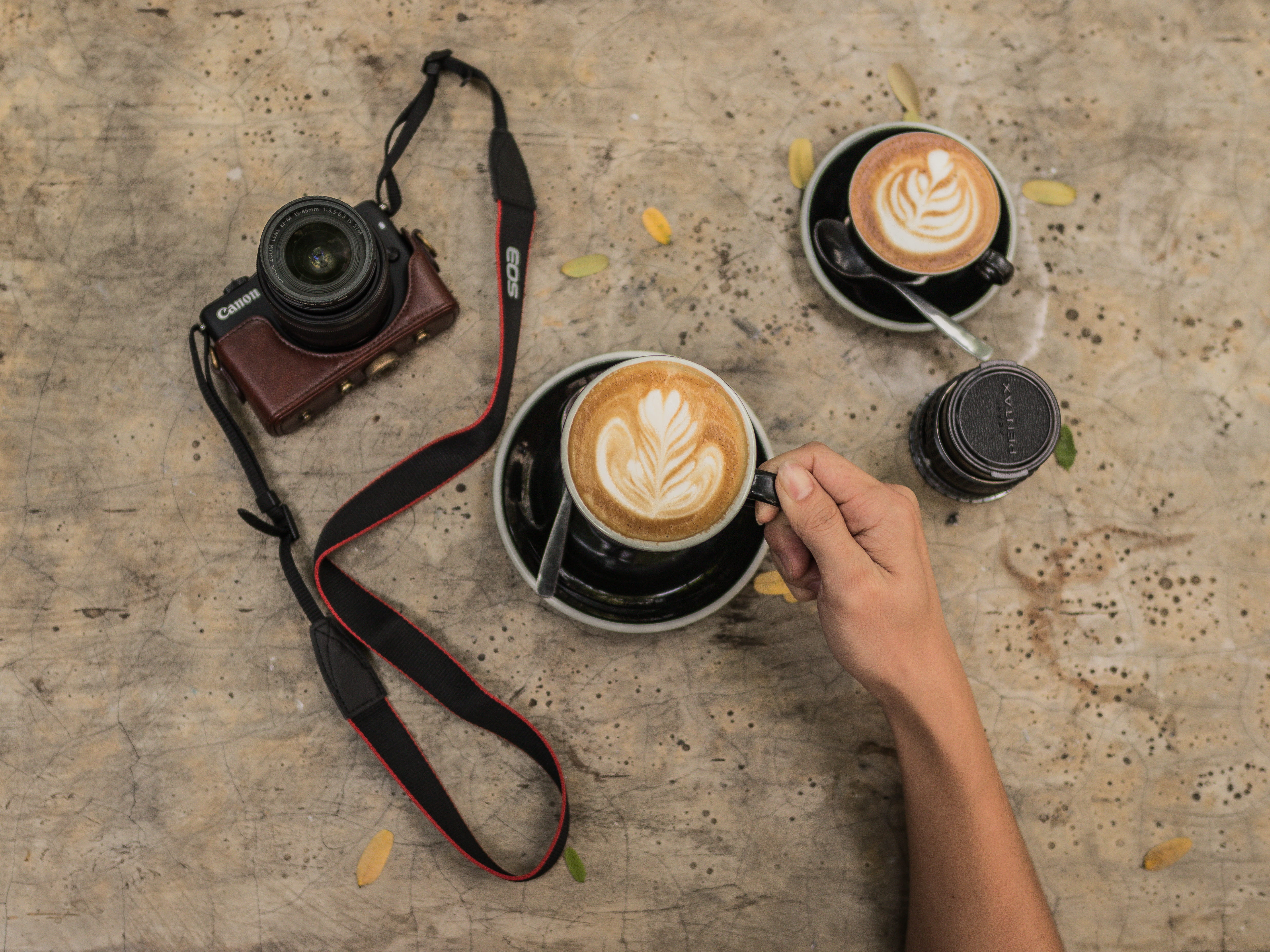 near, filled, film, refreshment, hot drink, high angle view, human hand, person, coffee, black, camera, canon, table, photography, cup, food and drink, HD Wallpaper