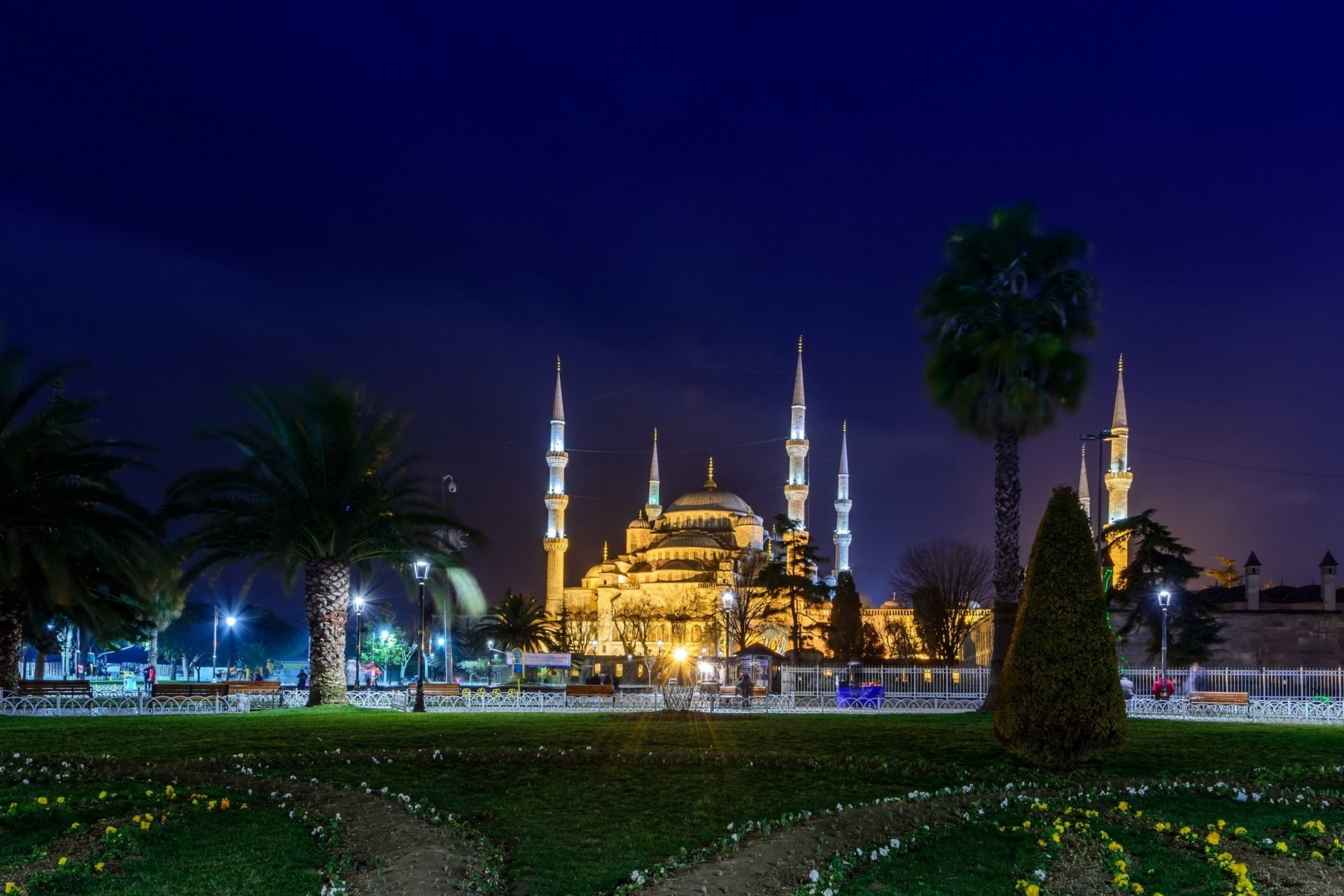Sultan Ahmed Mosque, building, night, spirituality, 1080P, Mosques, illuminated, place of worship, building exterior, outdoors, Istanbul, nature, sky, HD Wallpaper