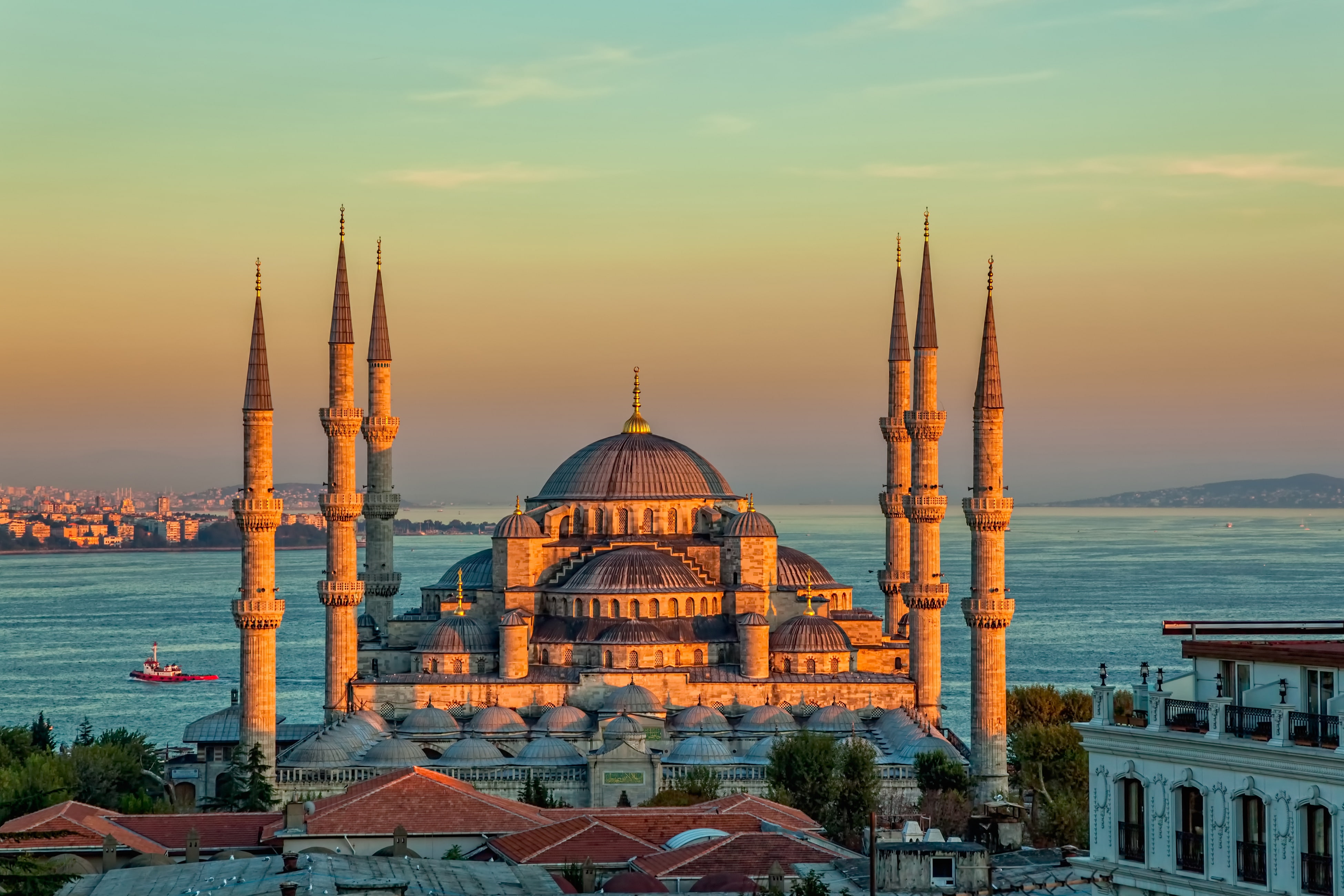 The blue mosque, architecture, outdoors, religion, water, dome, blue, building, tower, travel, spirituality, Istanbul, mosque, building exterior, Turkey, HD Wallpaper
