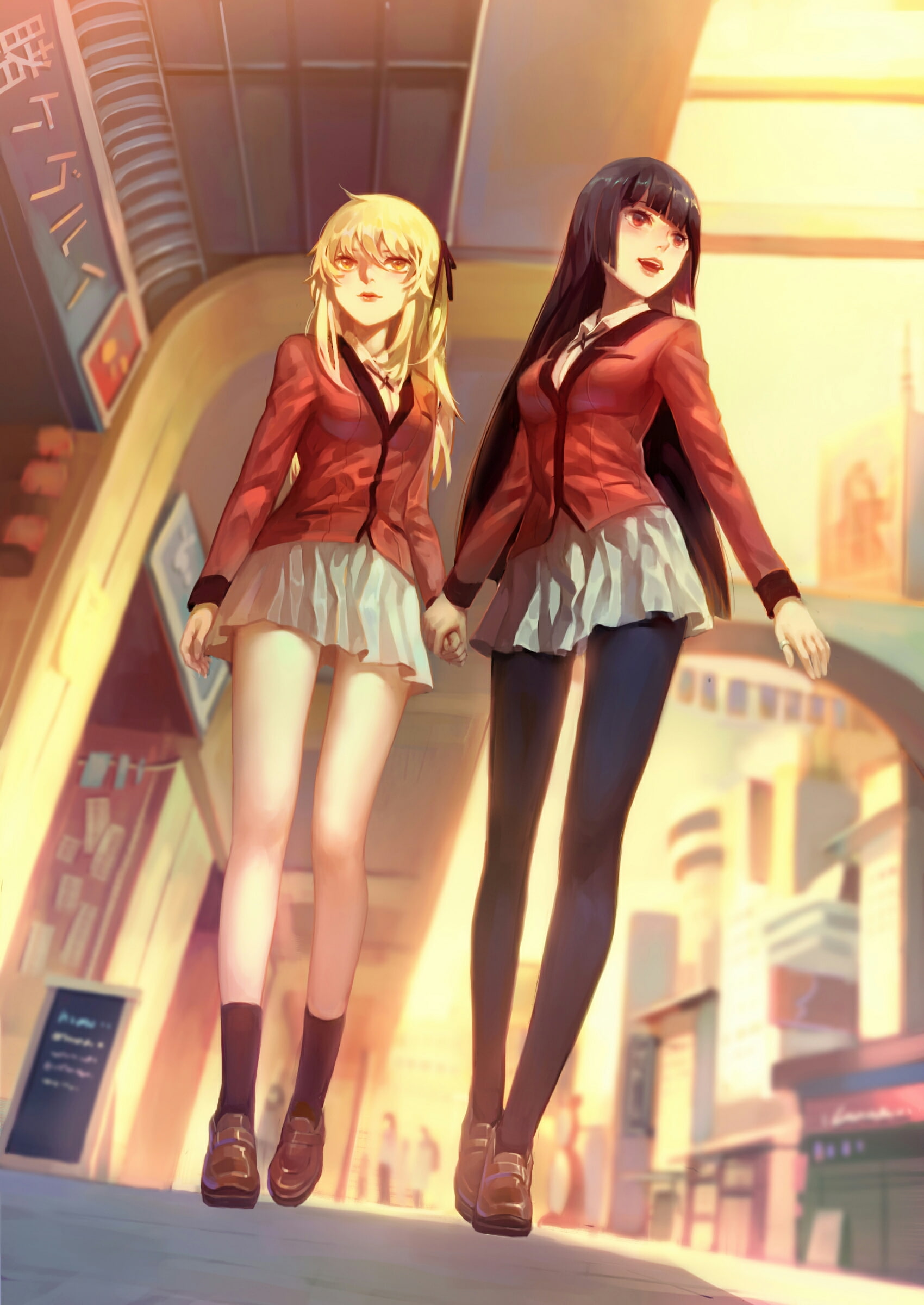 women, illustration, long hair, schoolgirl, portrait display, holding hands, smiling, Jabami Yumeko, black hair, Kakegurui, 2D, two women, walking, digital art, Phone HD Wallpaper