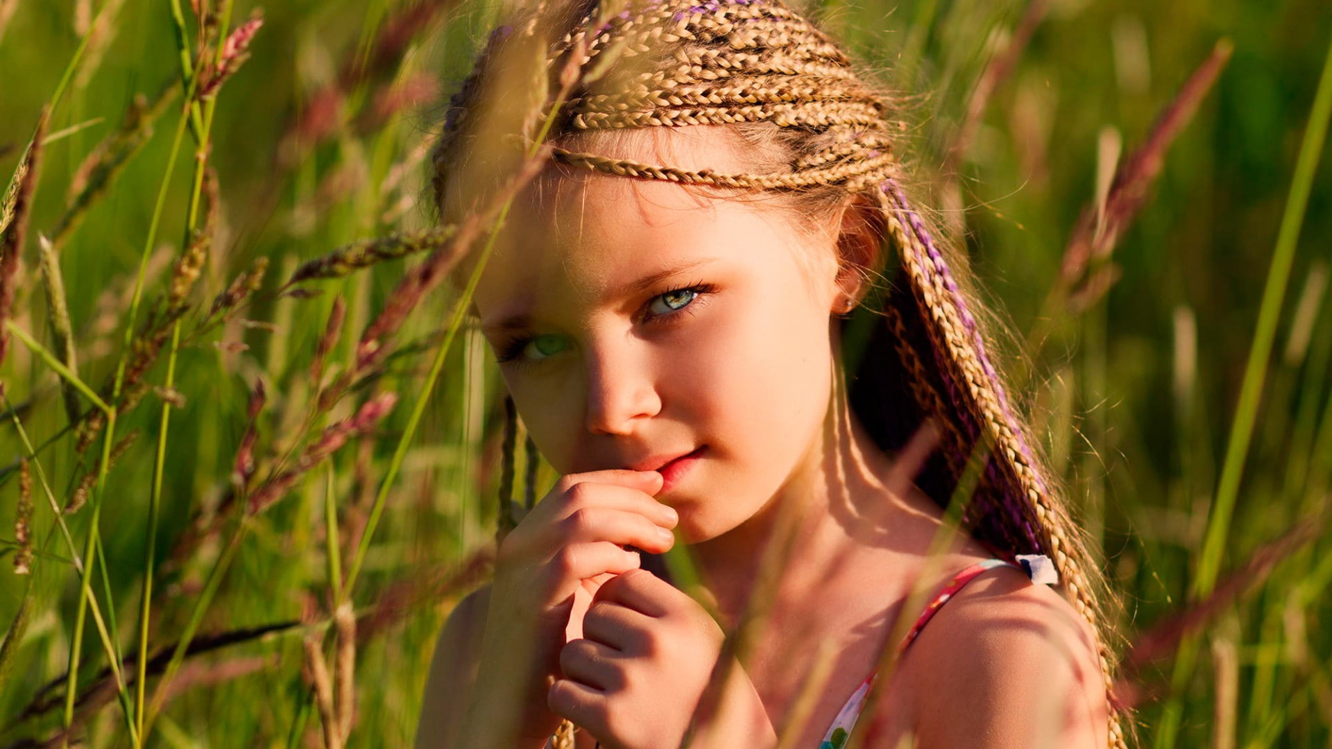 contemplation, portrait, women, blonde, plant, nature, females, children, innocence, 1080P, front view, day, hair, girls, looking at camera, grass, headshot, HD Wallpaper