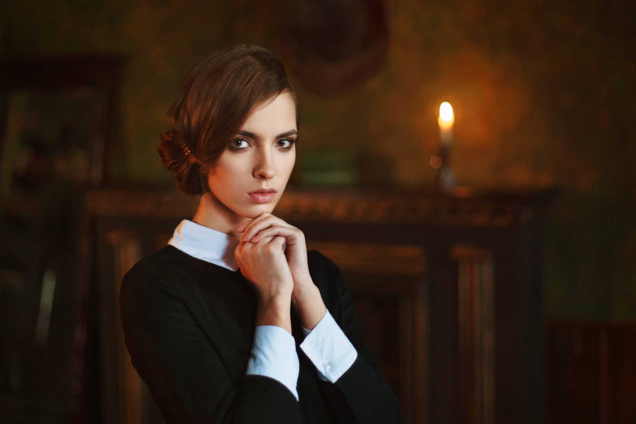 black clothing, makeup, women, 1080P, Maxim Maximov, looking at viewer, warm light, brunette, Victoria Lukina, hairbun, portrait, HD Wallpaper