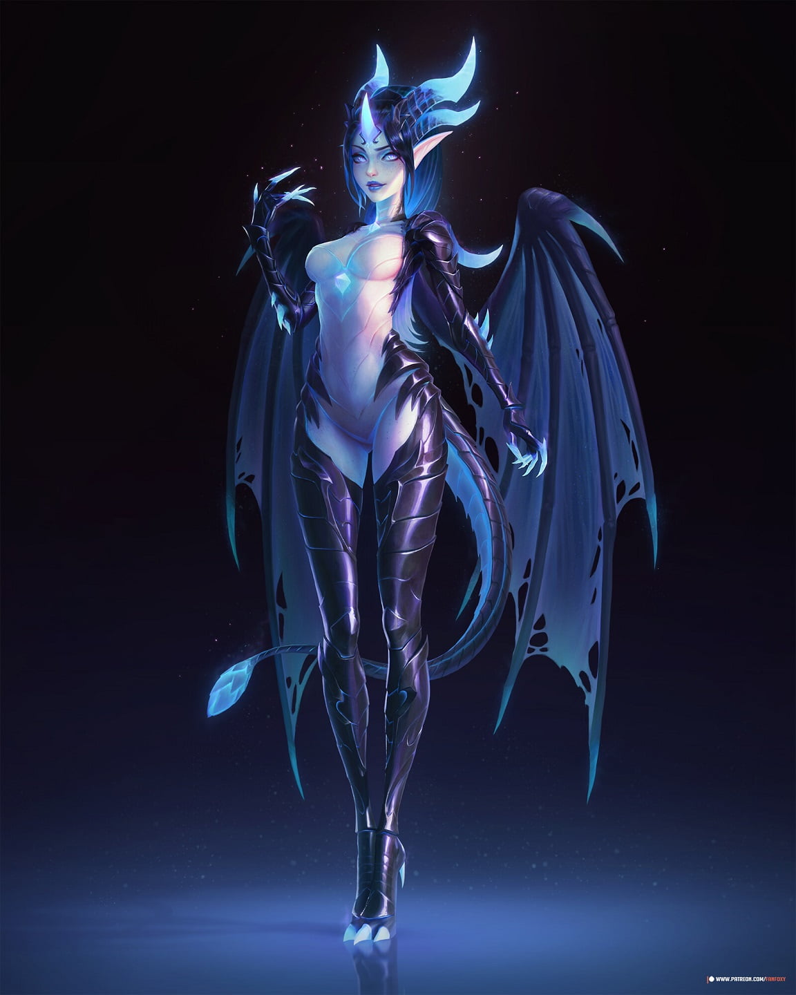fantasy art, 720P, claws, dark, Fanfoxy, drawing, blue, tail, women, wings, horns, Phone HD Wallpaper