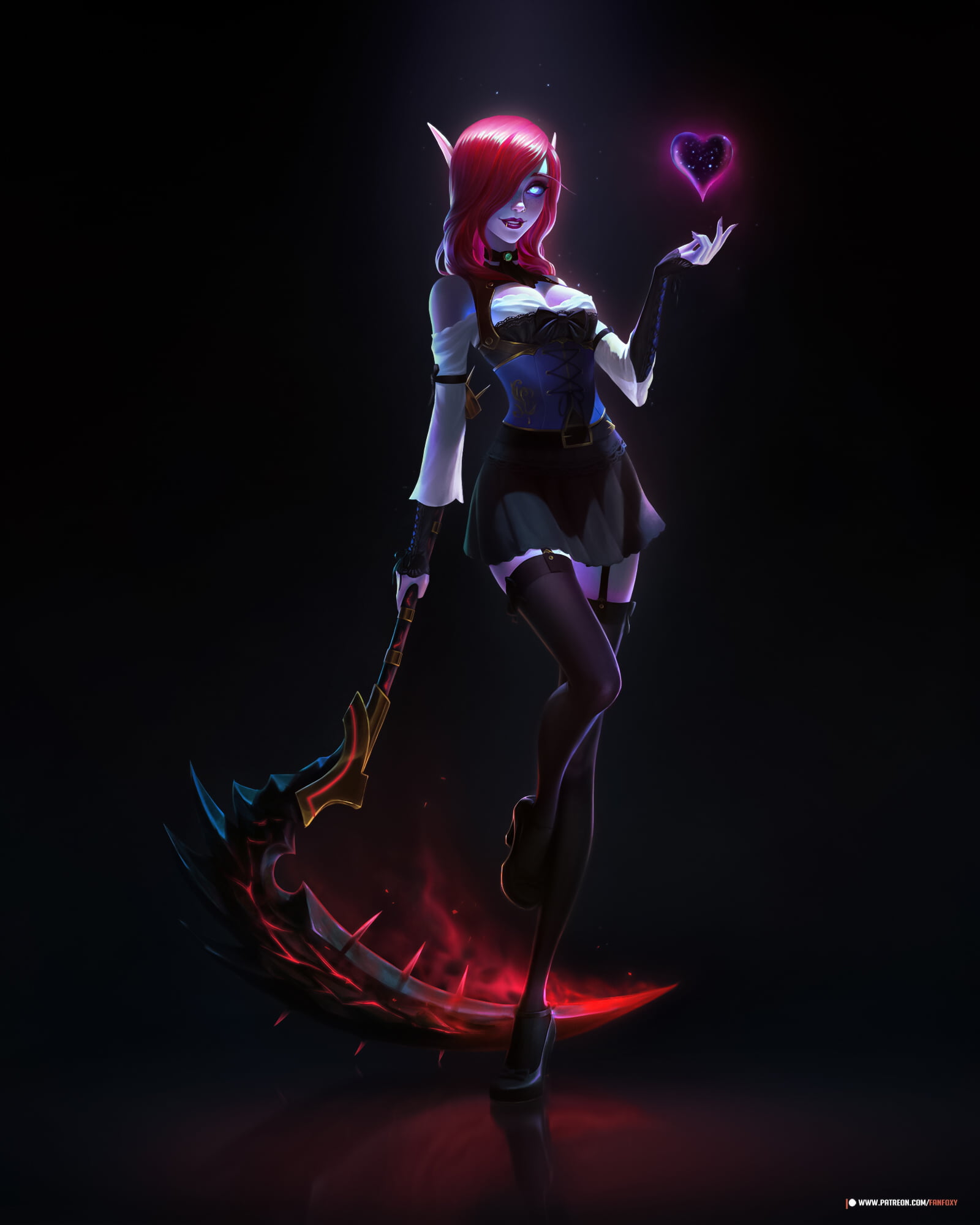 1080P, dress, elves, Fanfoxy, weapon, hair over one eye, women, drawing, fantasy art, redhead, scythe, dark, Phone HD Wallpaper
