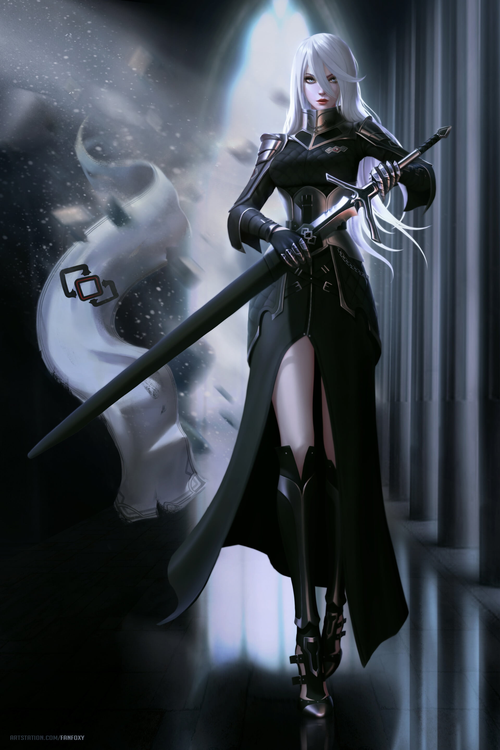 blue eyes, drawing, Robe, high heels, sword, shoes, dark, long hair, warrior, looking at viewer, weapon, straight hair, women, Fanfoxy, silver hair, 2K, Phone HD Wallpaper