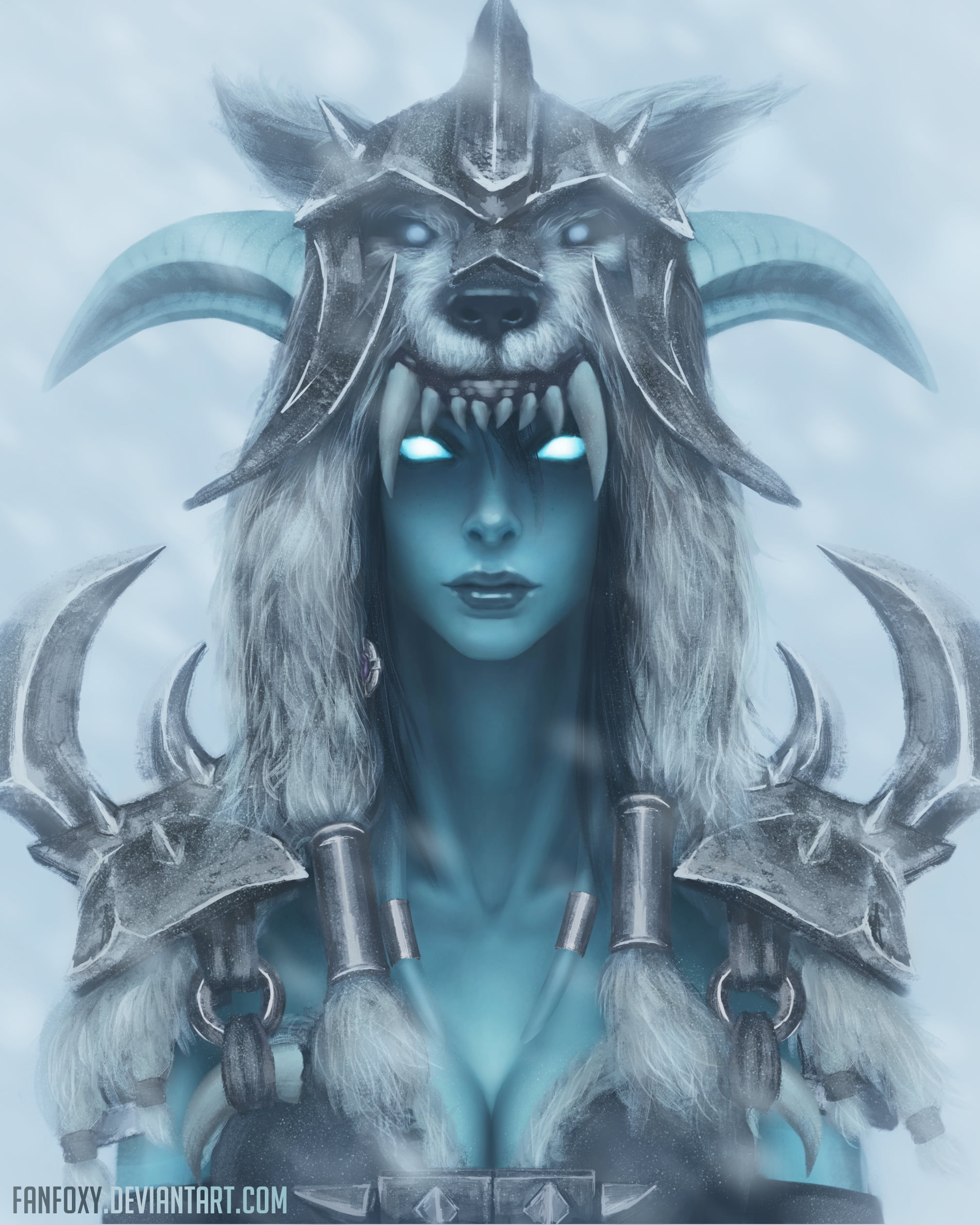 Fanfoxy, blue skin, fantasy art, fur, helmet, fangs, horns, blue eyes, drawing, glowing eyes, cold, 1080P, armor, Phone HD Wallpaper