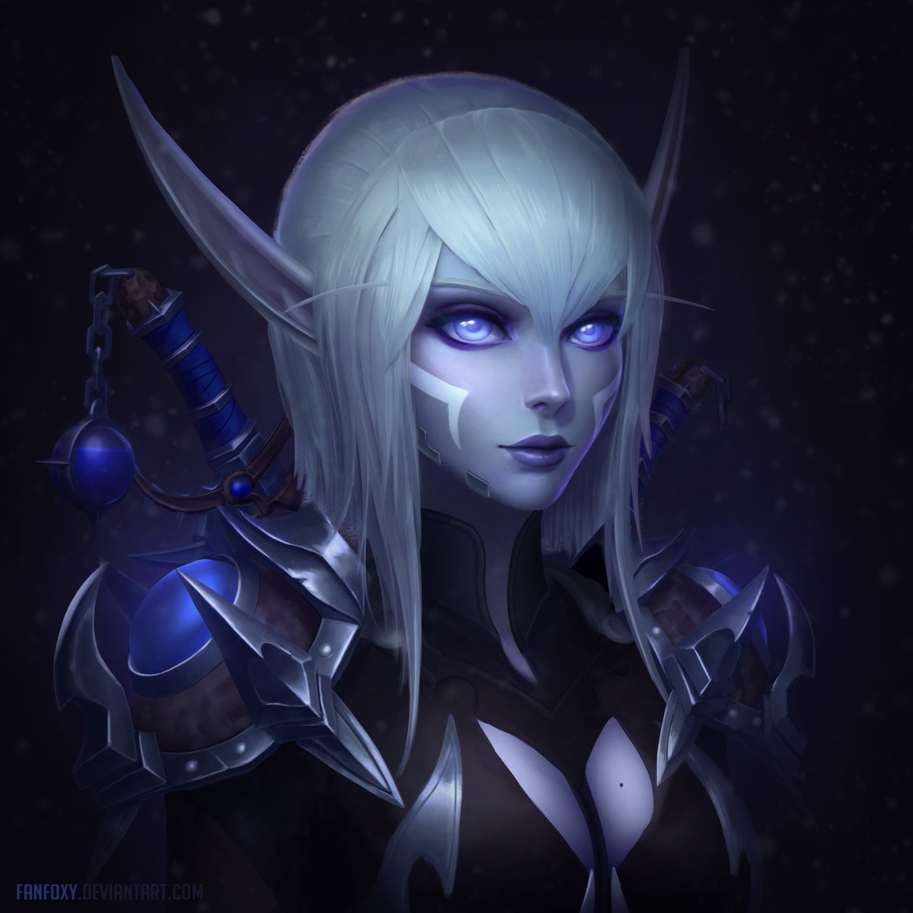 purple eyes, dark, glowing, bangs, drawing, weapon, elves, portrait, spikes, pointy ears, silver hair, face paint, chains, straight hair, armor, Warcraft, Phone HD Wallpaper