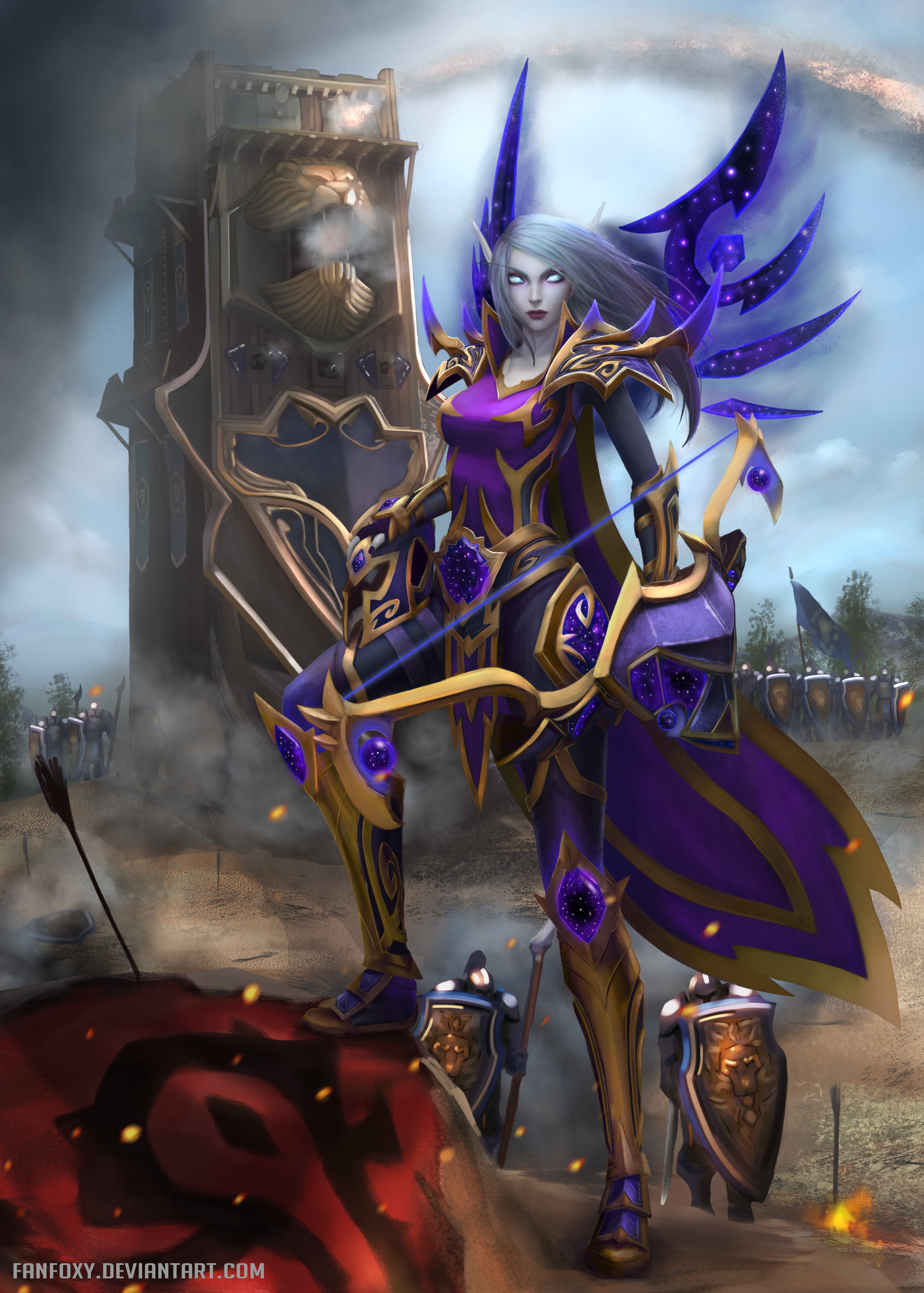 Warcraft, blue eyes, bow, fire, armor, arrows, glowing eyes, horde, wind, silver hair, battlefields, cape, Fanfoxy, pointy ears, drawing, magic, long hair, Phone HD Wallpaper
