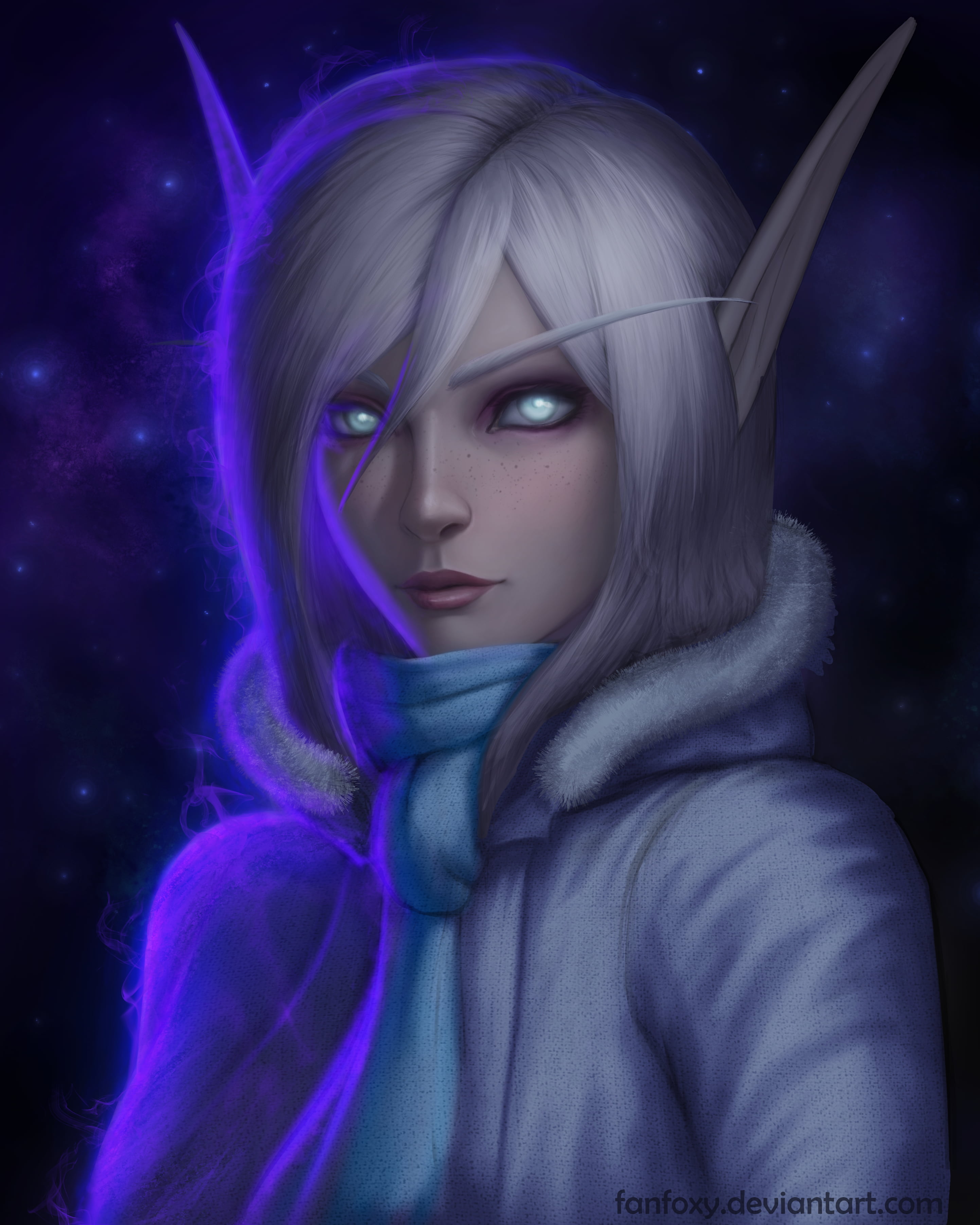 women, freckles, glowing eyes, elves, stars, Fanfoxy, silver hair, drawing, scarf, looking at viewer, 2K, hoods, portrait, Phone HD Wallpaper