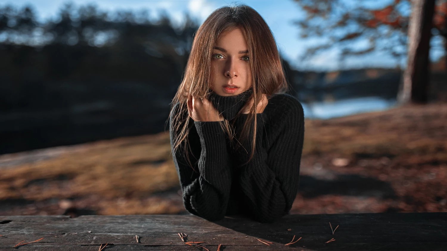 looking at viewer, women, Alexey Slesarev, sweater, model, 720P, depth of field, women outdoors, portrait, cold, HD Wallpaper