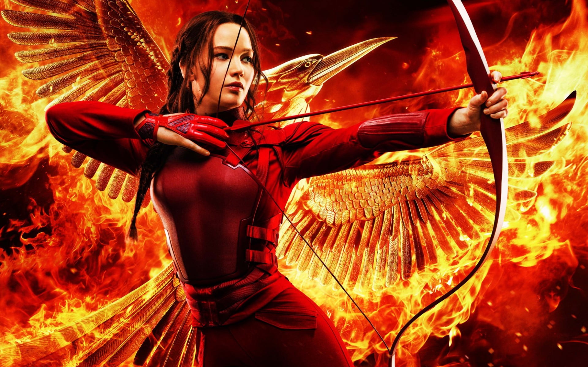 front view, red, hunger, Movies, hollywood, standing, motion, studio shot, dancing, jennifer, mockin, 1080P, katniss, games, arts culture and entertainment, HD Wallpaper