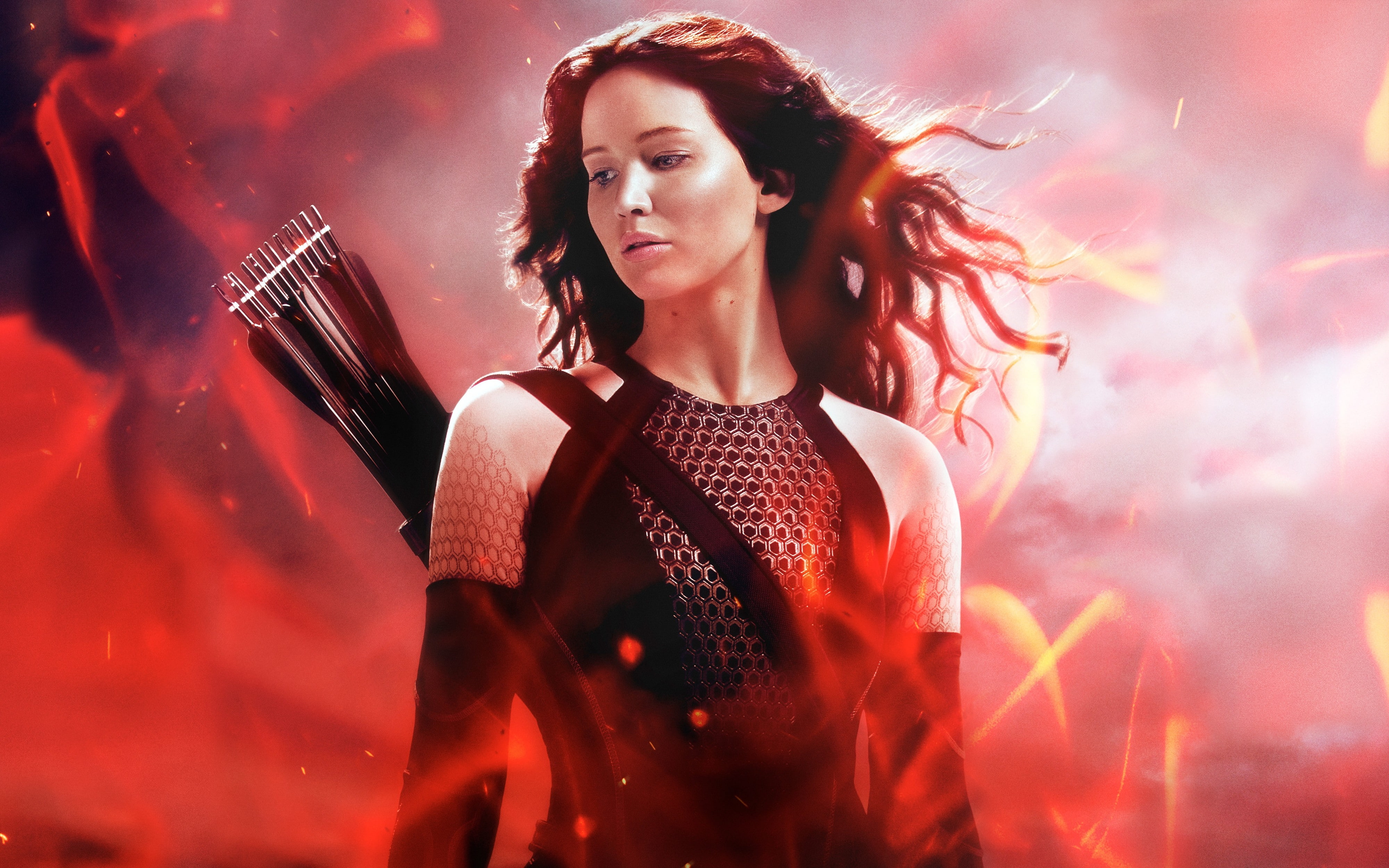 hunger, arrows, jennifer, 4K, games, actress, jennifer lawrence, the hunger games, look away, away, wind, lawrence, look, HD Wallpaper