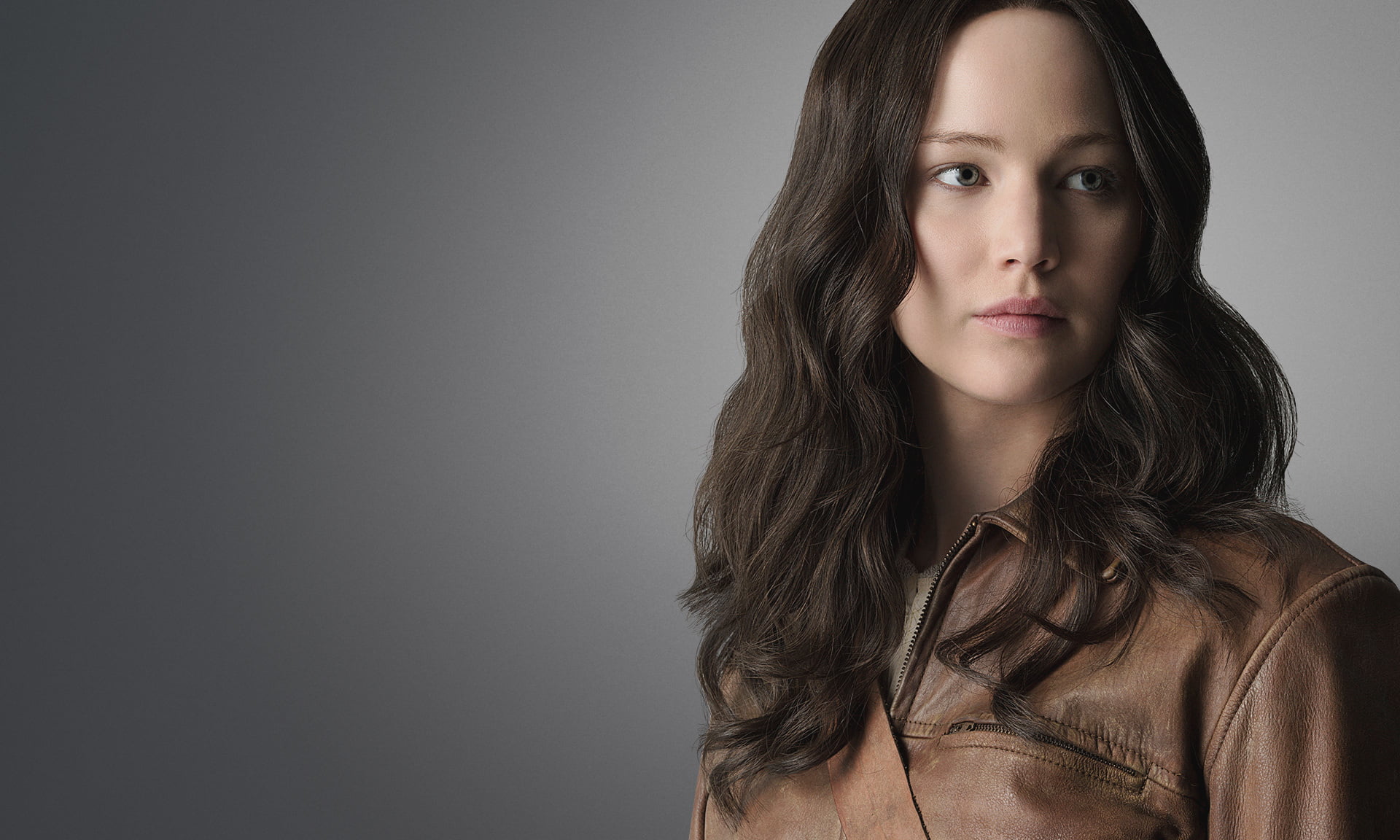 gray, long hair, leather, fashion, hairstyle, actress, beautiful woman, indoors, young adult, front view, contemplation, brown hair, 1080P, s, women, portrait, HD Wallpaper