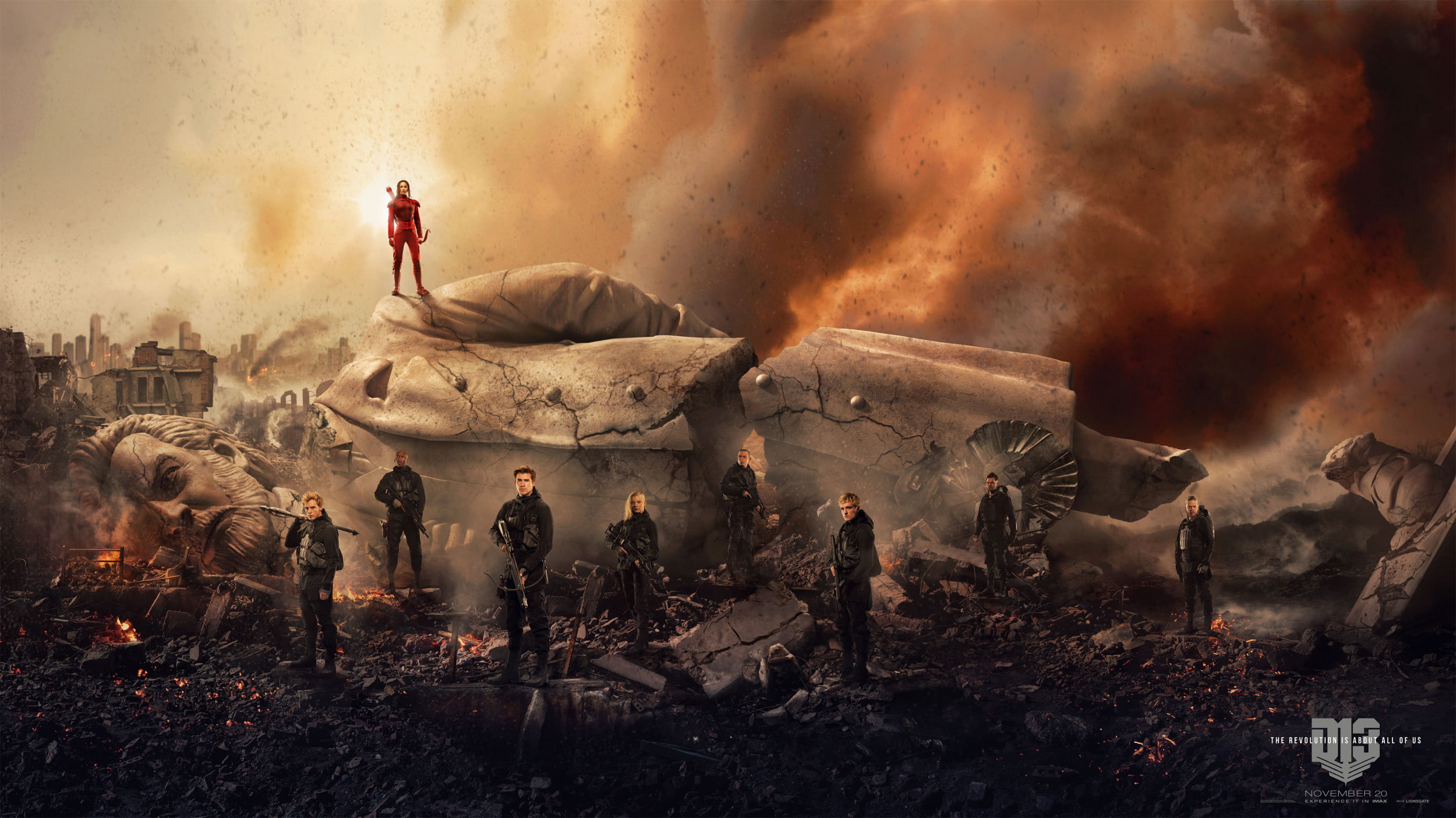 statue, bow, flame, outdoors, men, Josh Hutcherson, smoke - physical structure, occupation, arrows, ash, group of people, people, Natalie Dormer, smoke, HD Wallpaper
