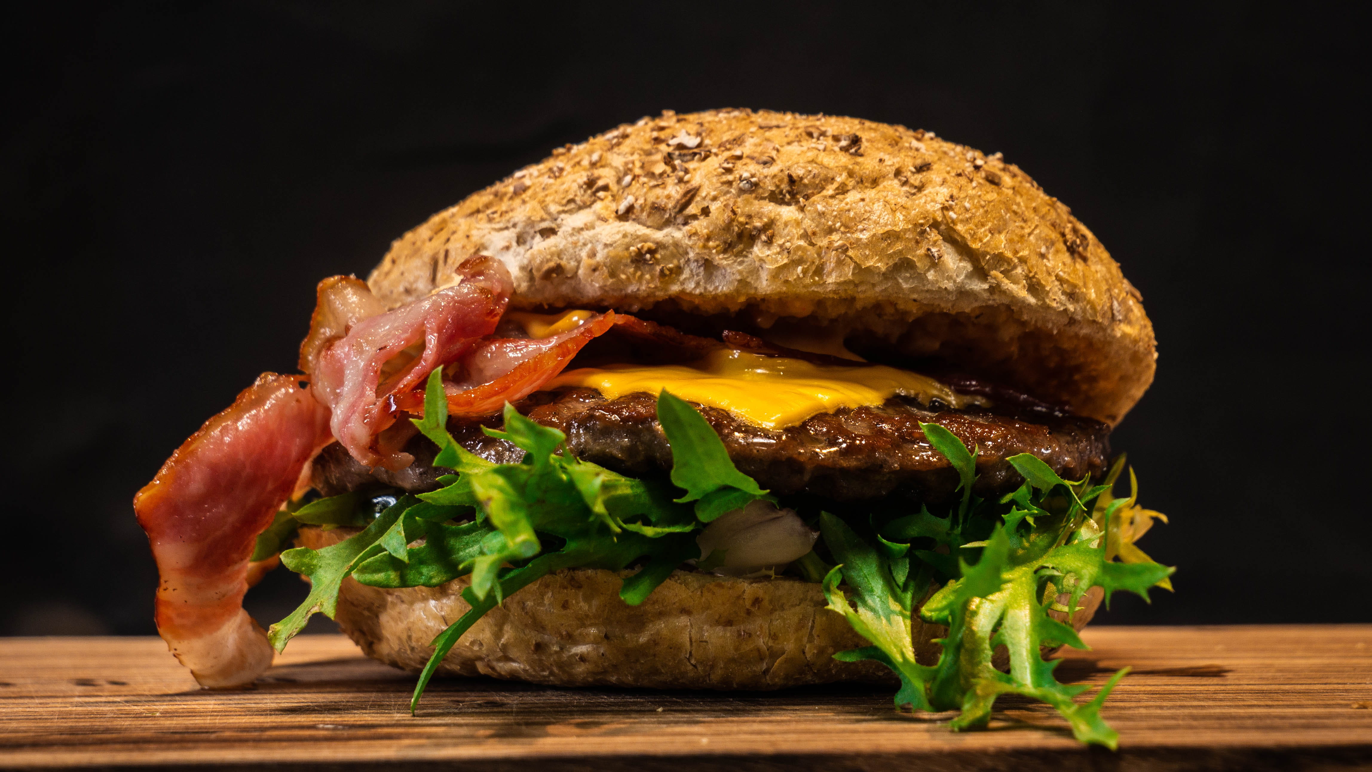 seasoning, beverage, bread, healthy eating, no people, dish, plant, pork, meat, studio shot, food, beef, meal, 4K, hamburger, black background, cutting board, HD Wallpaper