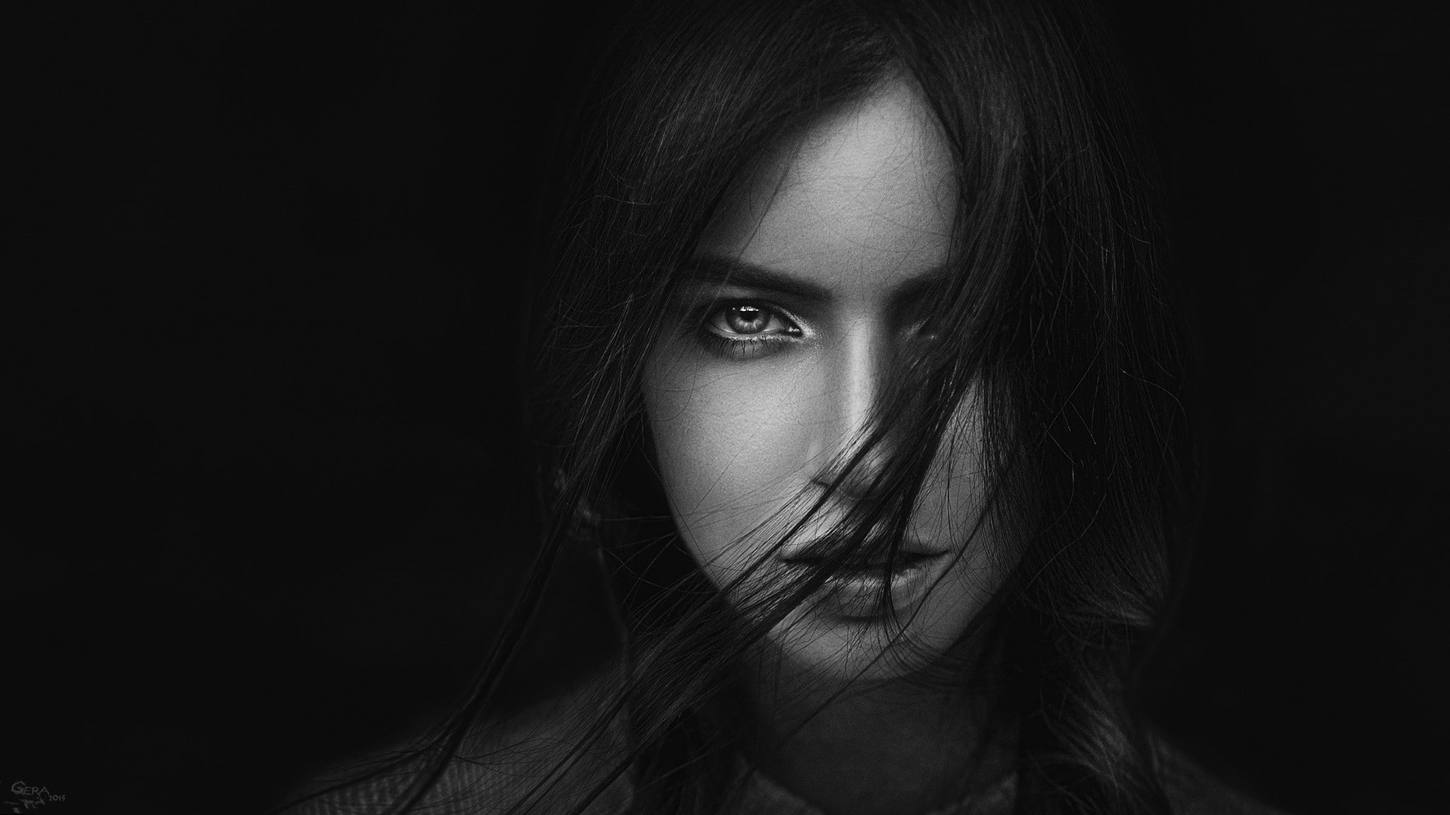 Anastasiya Malakhova, hair in face, face, 1080P, monochrome, women, Georgy Chernyadyev, HD Wallpaper
