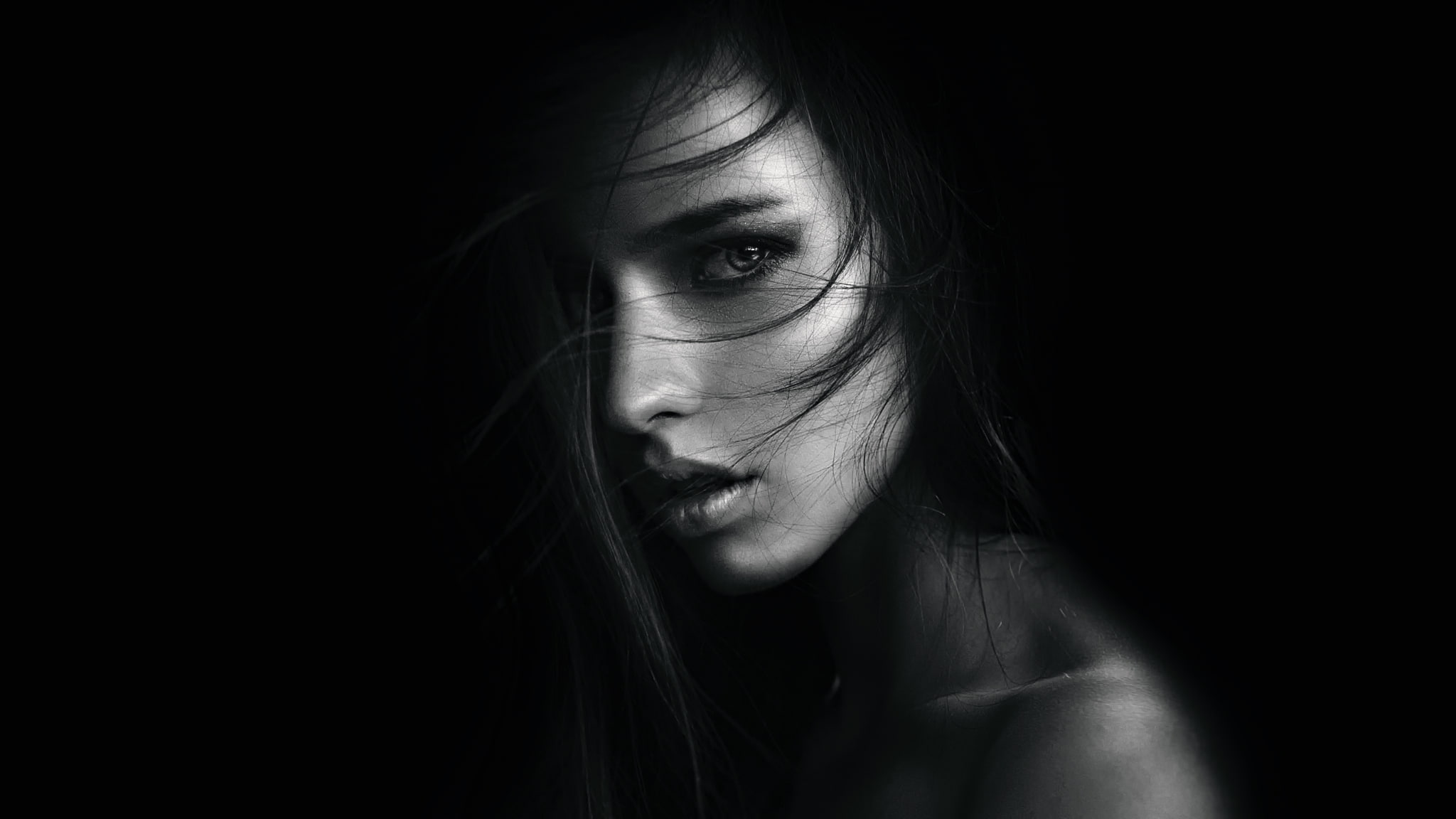 one person, George Chernyadev, Anastasia Shcheglova, 1080P, headshot, emotion, sadness, contemplation, studio shot, face, looking, close-up, adult, beautiful woman, HD Wallpaper