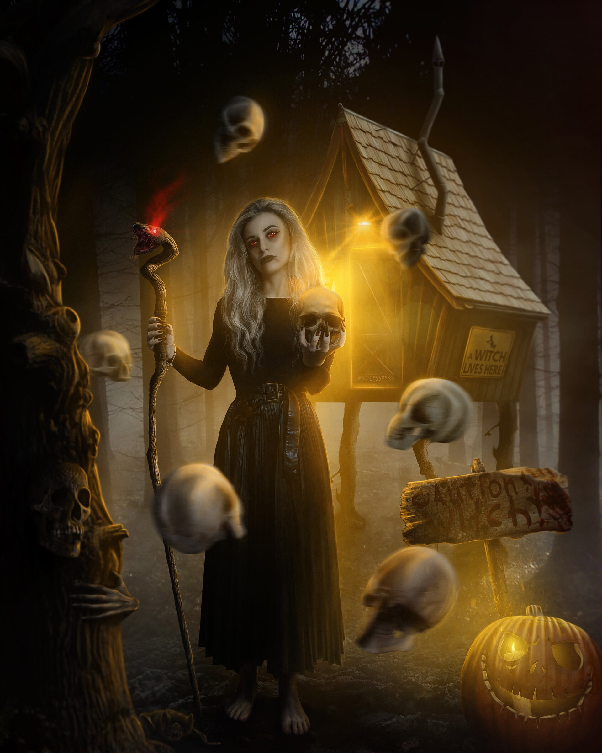 staff, dress, blonde, 1080P, Sergey (Artist), drawing, pumpkin, dark lipstick, looking at viewer, witch, digital painting, portrait display, skull, barefoot, Phone HD Wallpaper