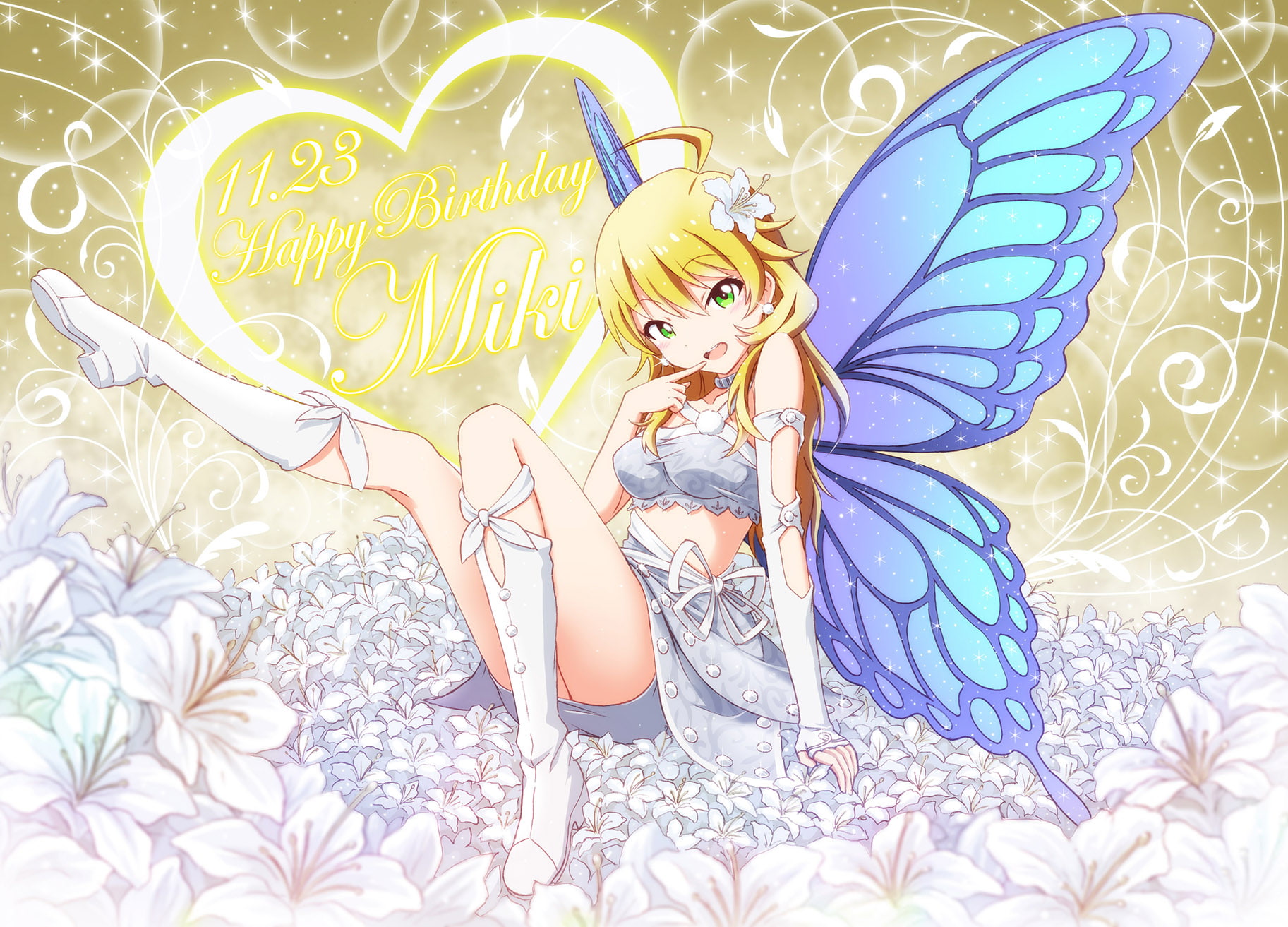 idolmaster, jpeg, 720P, hoshii, artifacts, flowers, eyes, boots, green, blonde, hair, wings, outsider, miki, HD Wallpaper