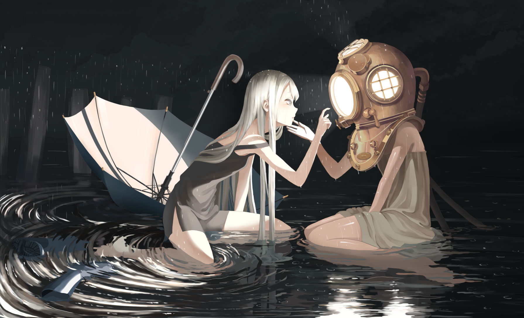 white, rain, umbrella, artifacts, girls, 720P, mood, dress, long, hair, throtem, barefoot, water, original, jpeg, HD Wallpaper