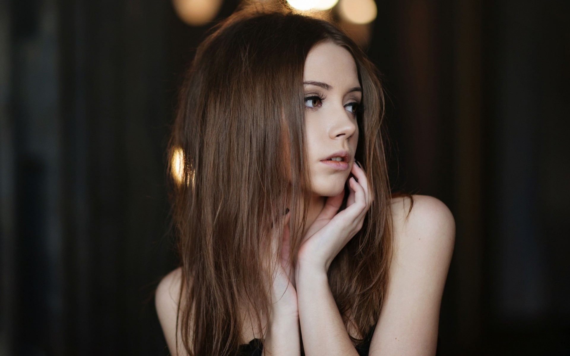 front view, adult, shoulders, 1080P, kokoreva, women, contemplation, human face, portrait, fashion, focus on foreground, xenia, eyes, indoors, hair, beautiful woman, HD Wallpaper
