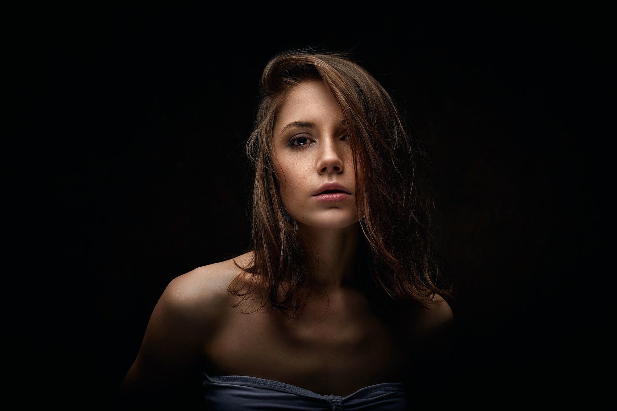 headshot, contemplation, Xenia Kokoreva, portrait, black background, beautiful woman, hairstyle, women, one person, face, young adult, fashion, studio shot, HD Wallpaper
