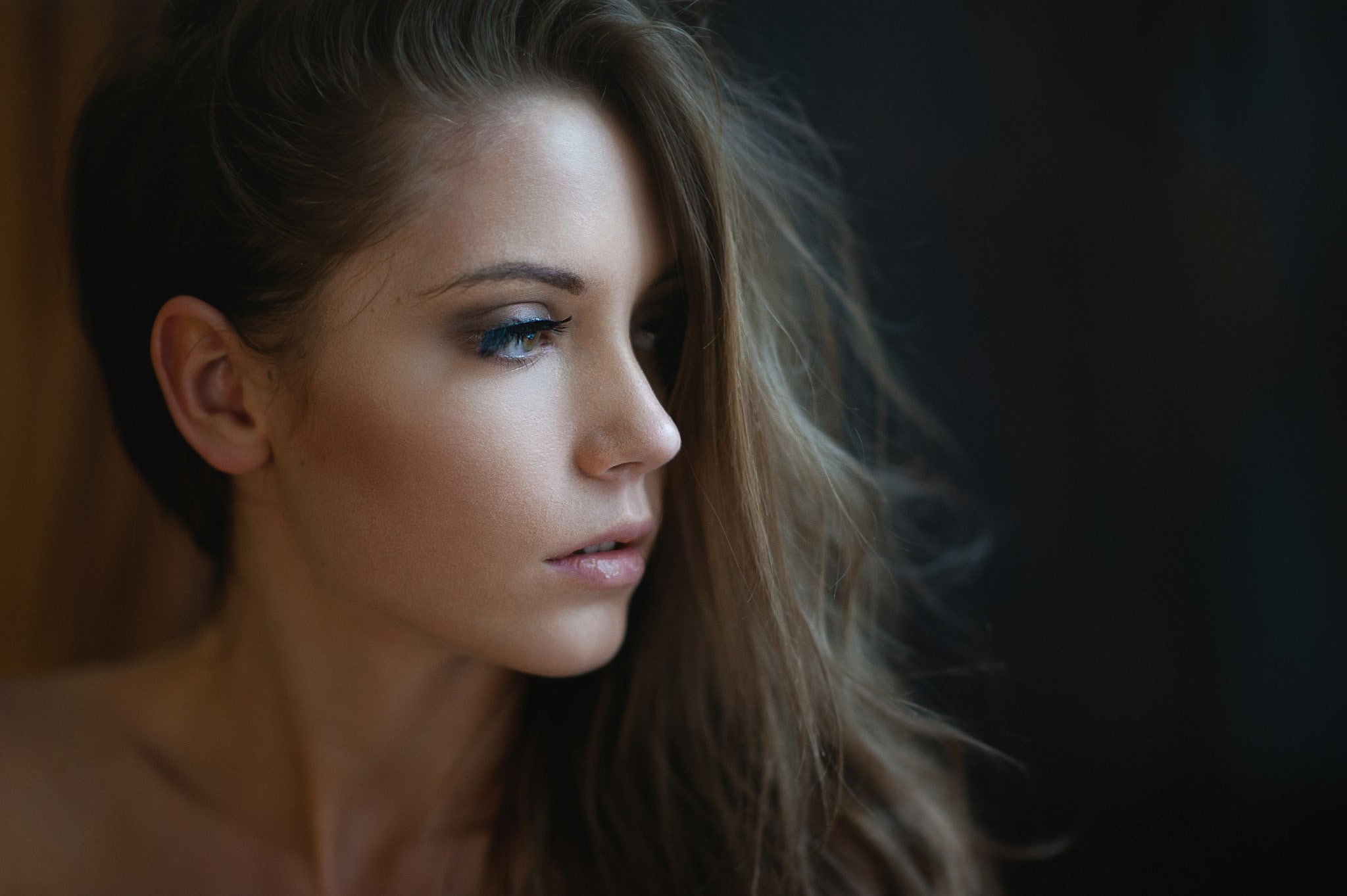 one person, portrait, human hair, depression - sadness, beauty, black background, body part, sadness, contemplation, long hair, studio shot, adult, 1080P, HD Wallpaper