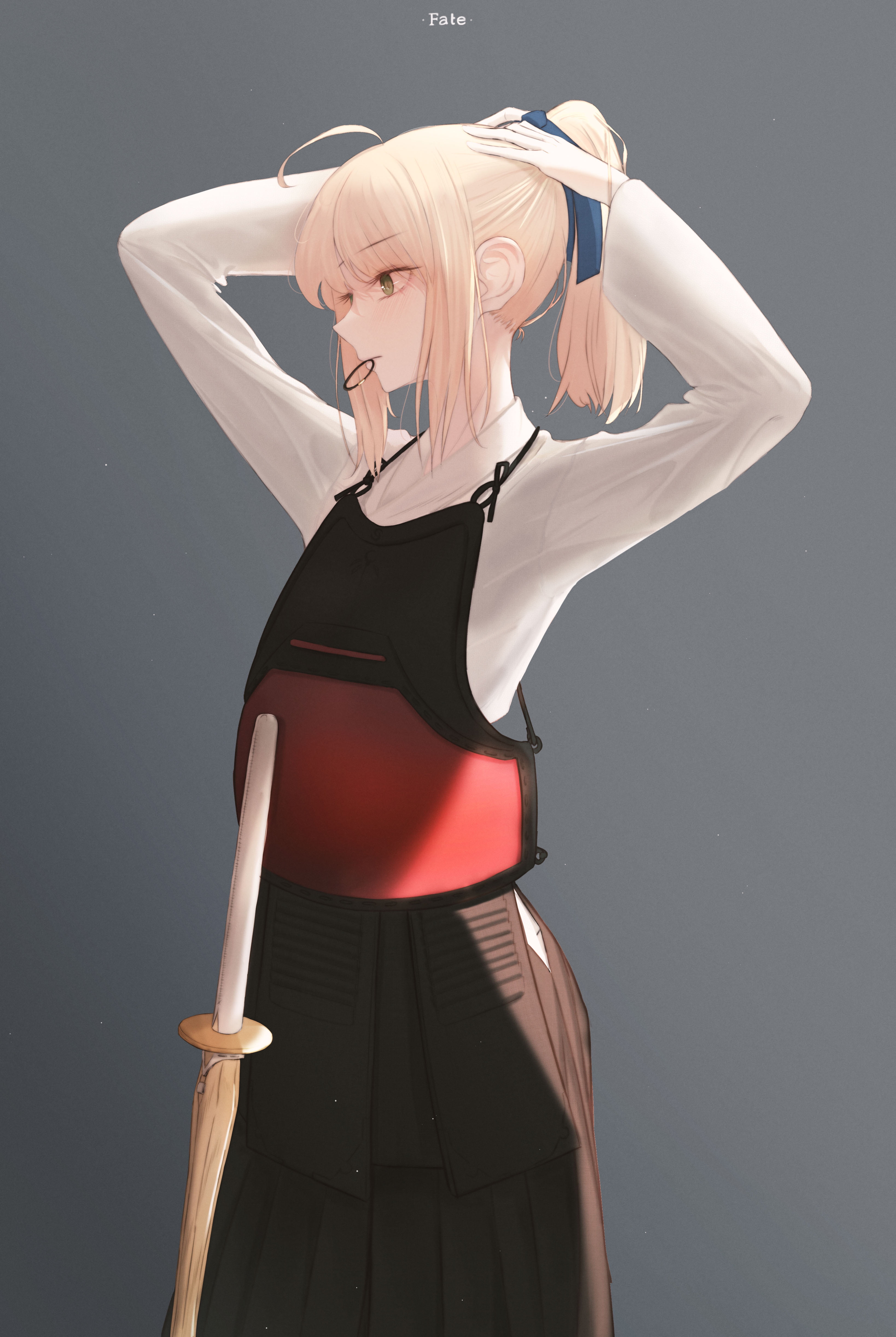 hair ribbon, fan art, ahoge, shinai, ponytail, 2D, vertical, anime, white t-shirt, green eyes, women with swords, blushing, kendo, Fate Series, standing, Phone HD Wallpaper