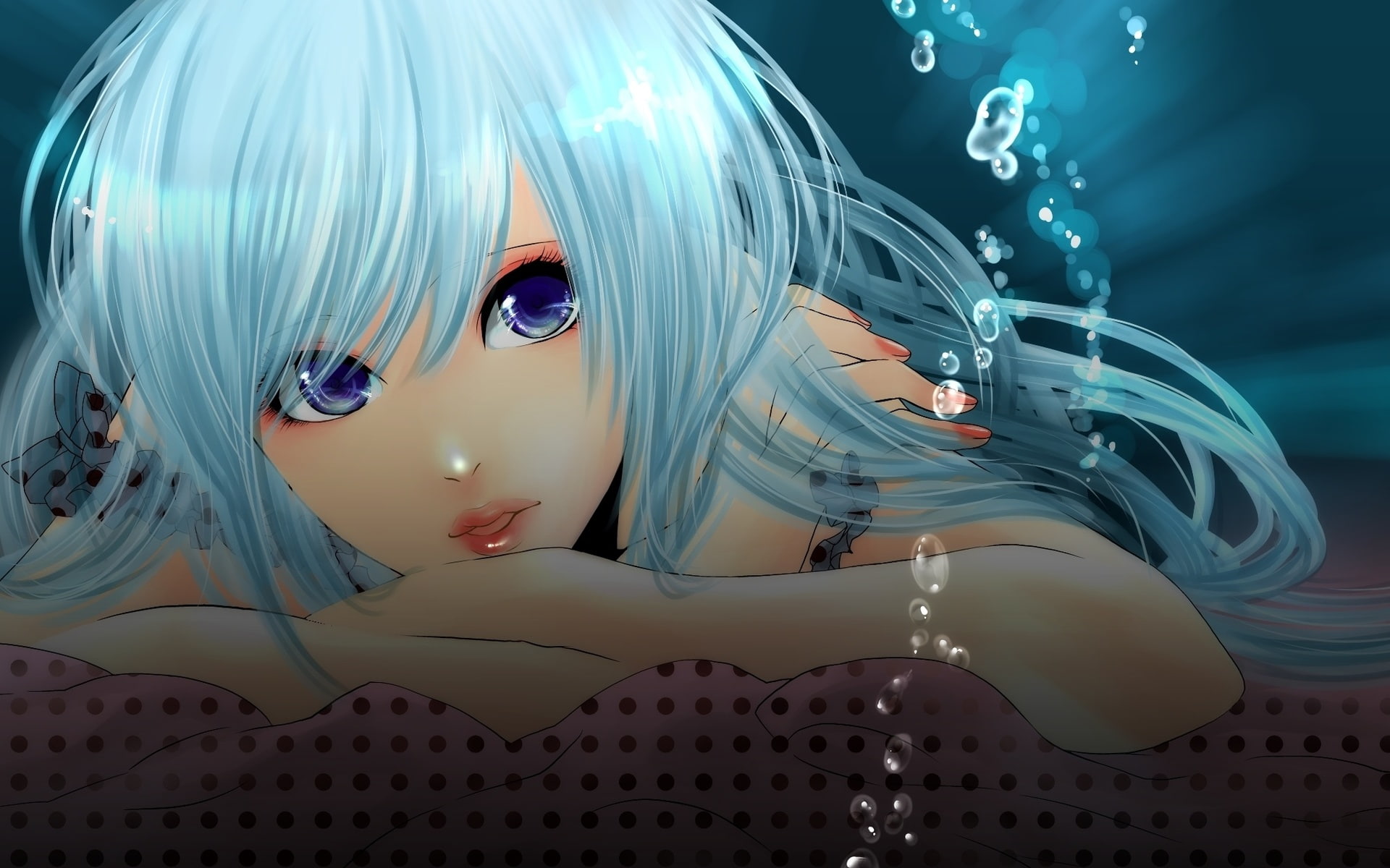 miku, print, blue, head, hairstyle, twin, 1080P, make, tails, teal, bubble, outfit, alternate, lipstick, laying, polish, fanart, mouth, spotted, solo, HD Wallpaper