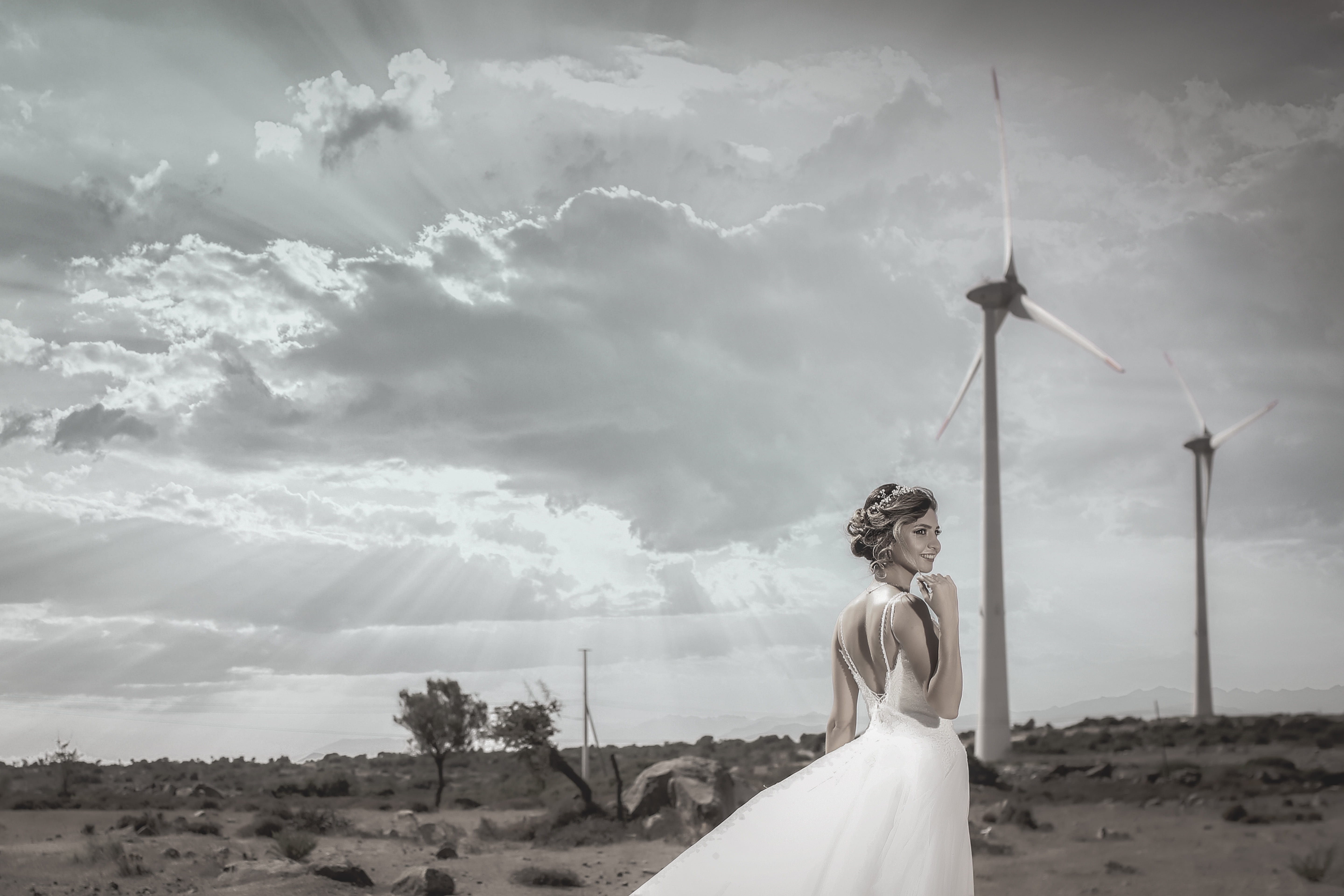photoscape, environmental conservation, fuel and power generation, outdoors, newlywed, photo, 5K, young adult, environment, land, turbine, wind turbine, HD Wallpaper