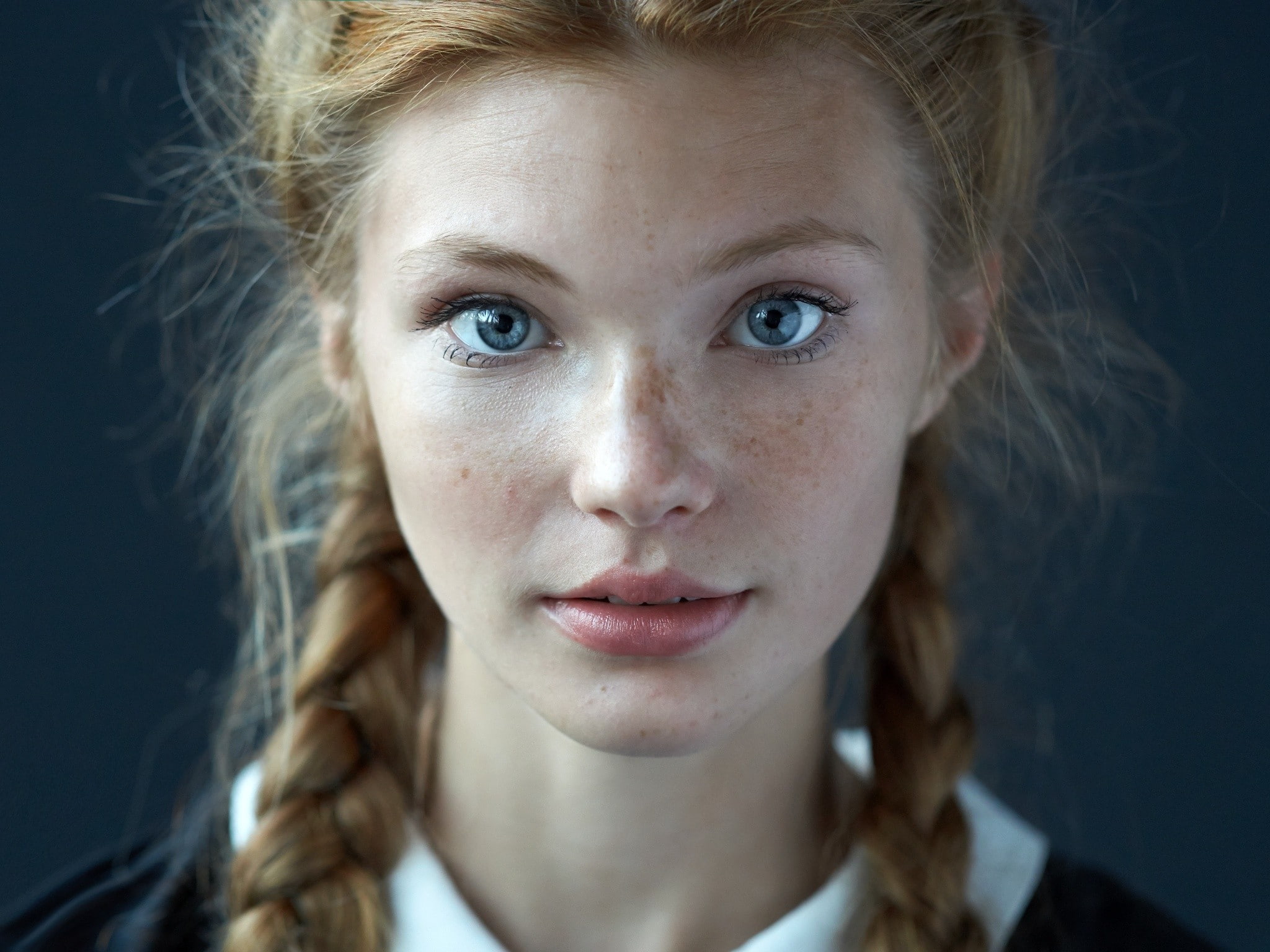 women, face, portrait, redhead, freckles, blonde, 1080P, blue eyes, looking at viewer, braids, people, Dasha Milko, HD Wallpaper
