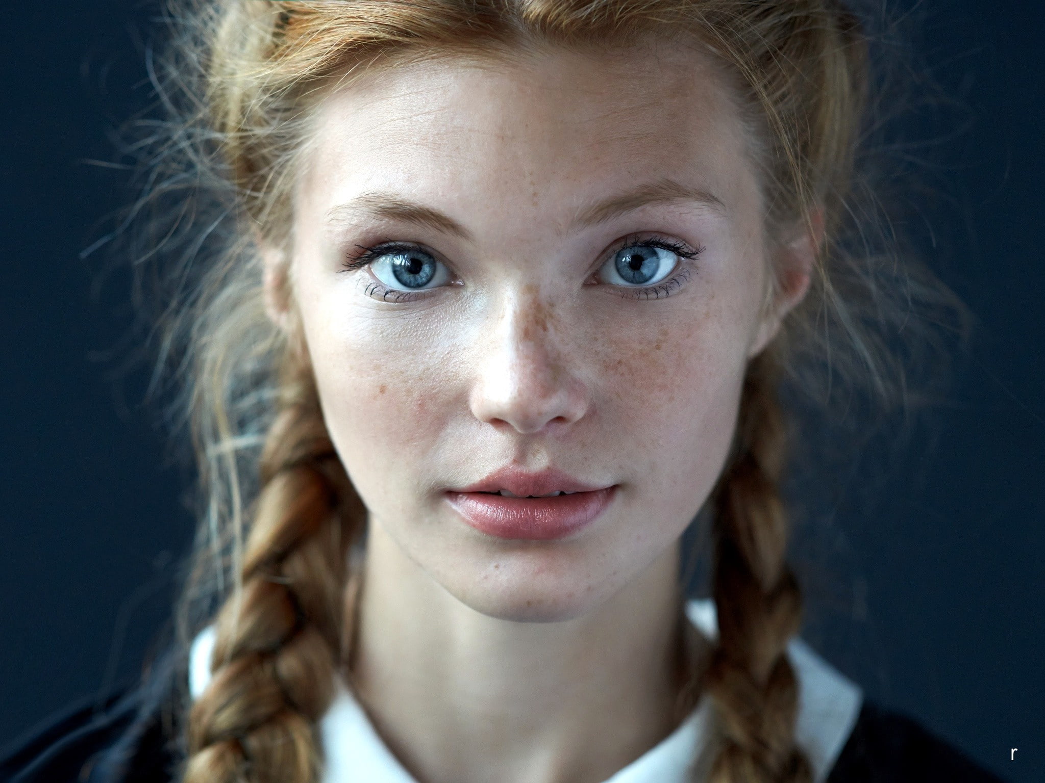 people, women, braids, Dasha Milko, freckles, blonde, blue eyes, redhead, 1080P, portrait, looking at viewer, face, HD Wallpaper