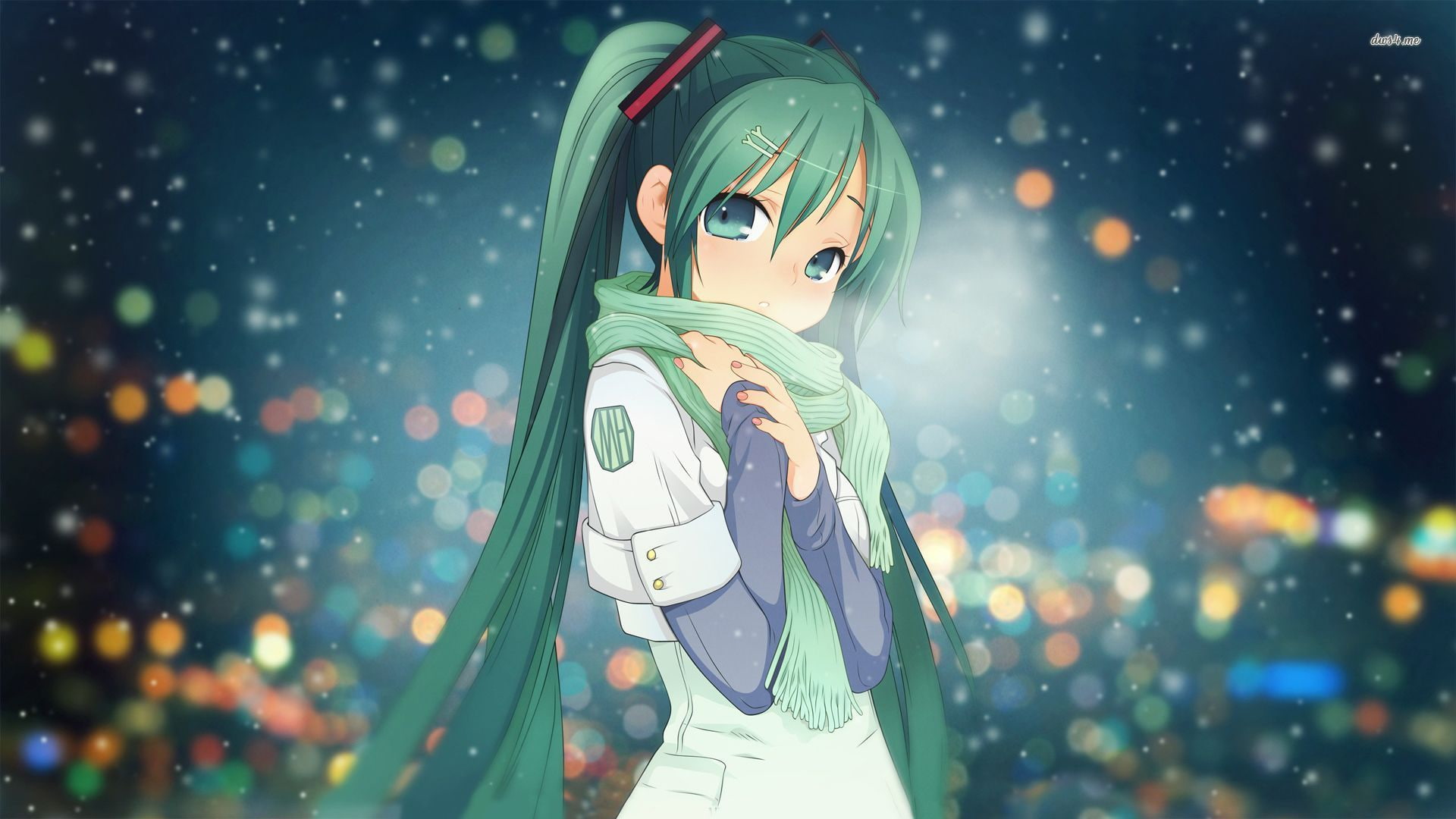 snow, 1080P, vocaloid, scarf, eyes, twintails, hair, aqua, jpeg, long, artifacts, miku, hatsune, HD Wallpaper